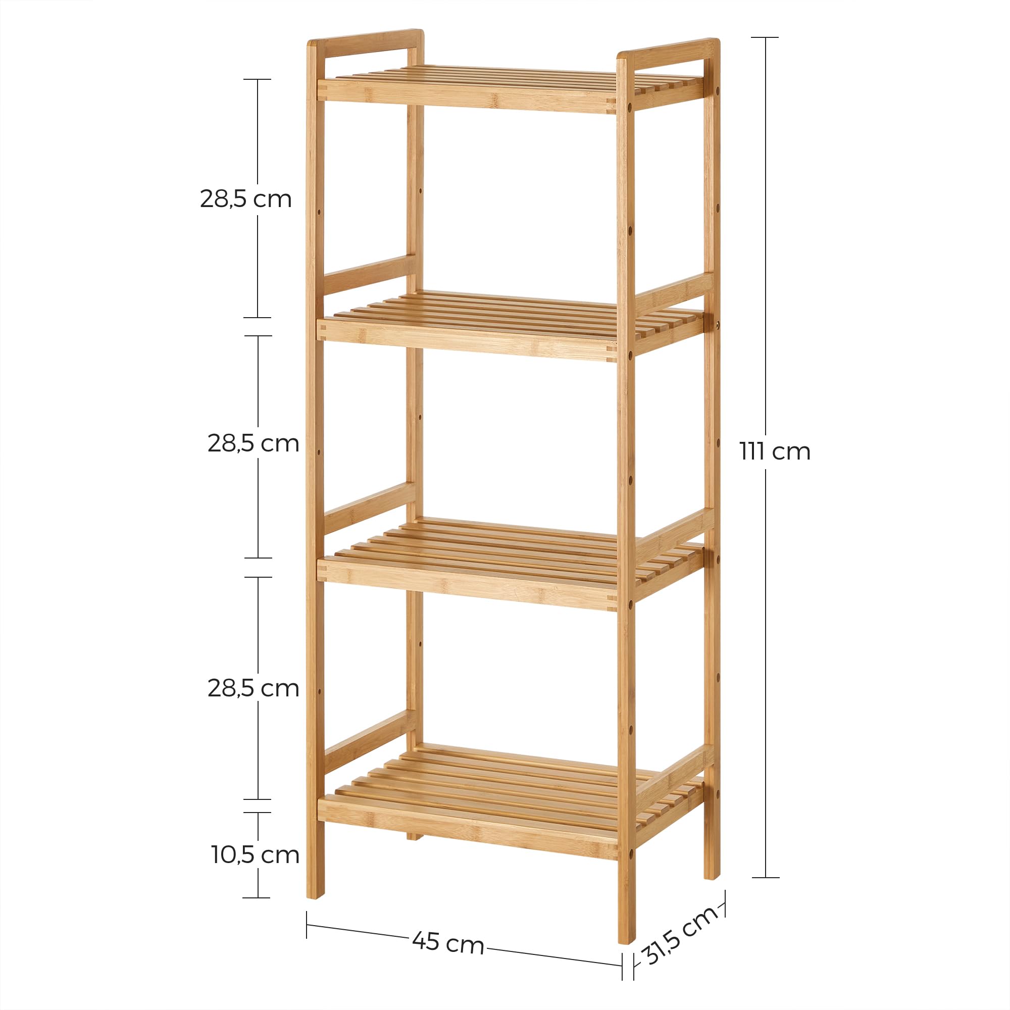 SONGMICS Regał bambusowy, 4 poziomy, szafka łazienkowa, regał, regał, 45 x 31,5 x 111 cm, do salonu, sypialni, balkonu, kolor drewna BCB074N01