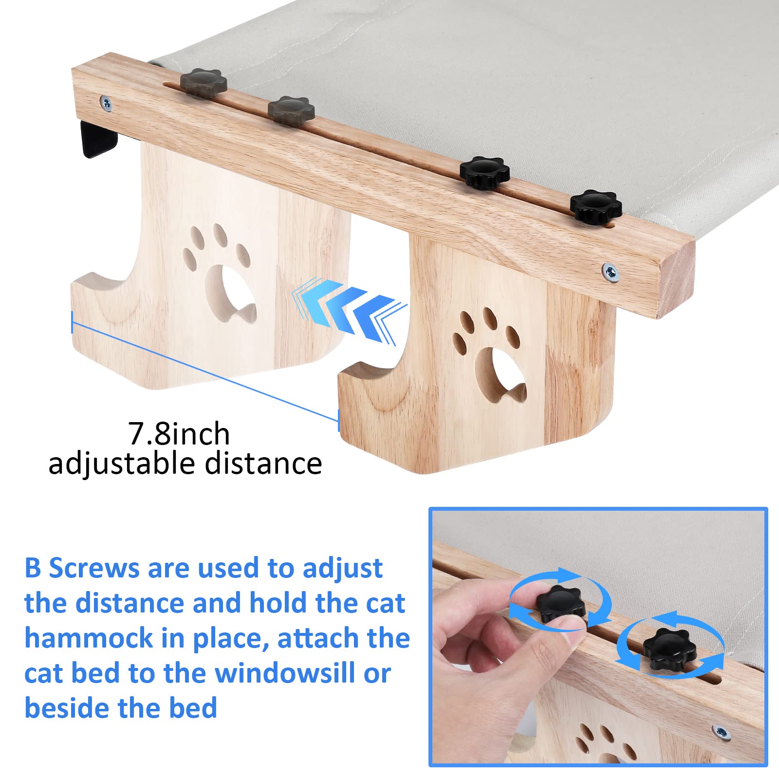 SubClap Cat Window Perch, Wood Cat Window Hammock Seat, Cat Hammock Bed for Indoor Cats, Adjustable Steady Cat Bed with Velcro, No Drilling Cat Perches Up to 40lbs for Windowsill & Bedside, Grey