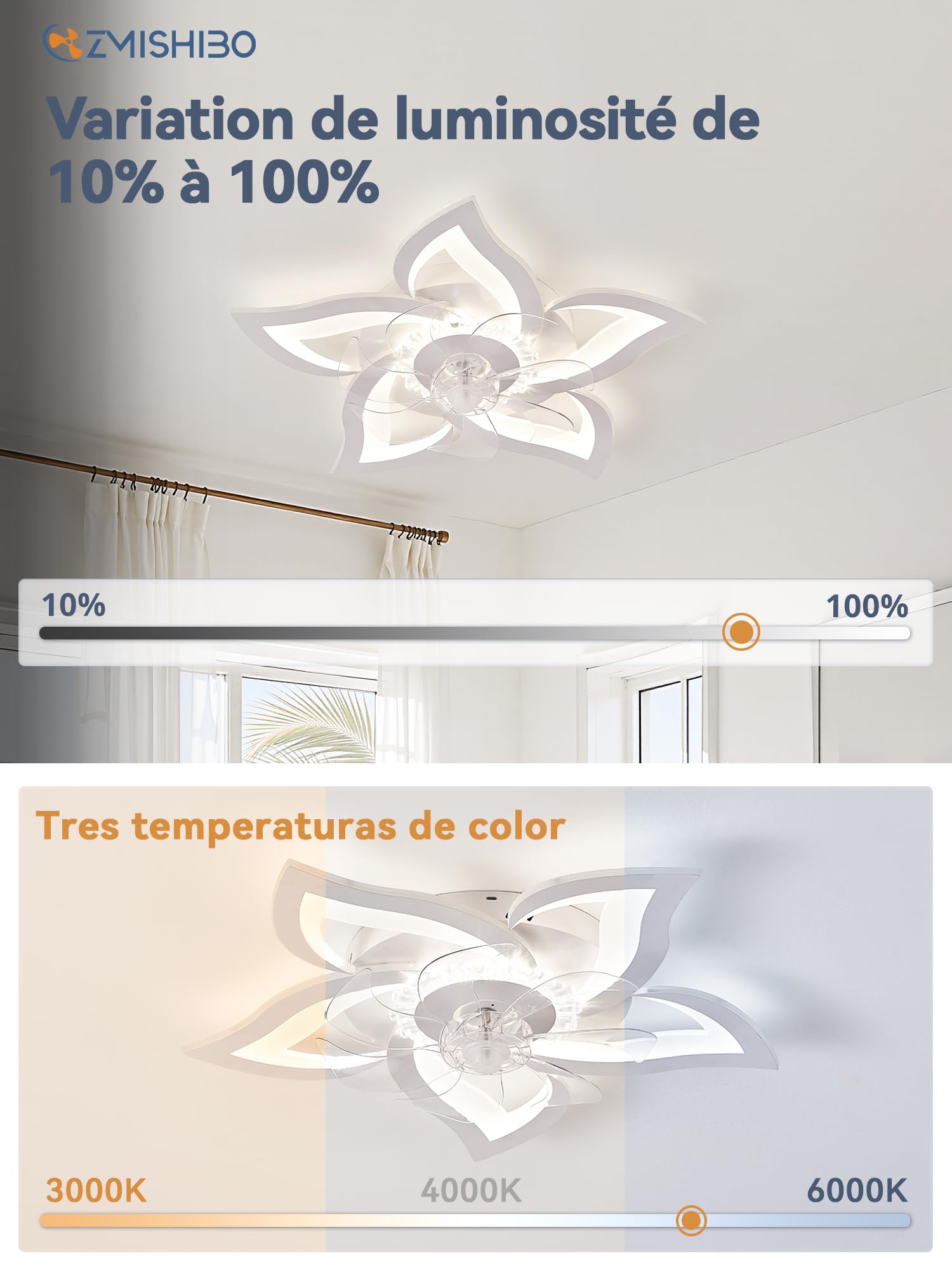 ZMISHIBO Lustre Ventilateur de Plafond Floral à 69cm, Moteur CC Inversible 6 Vitesses, LED Dimmable avec Lumière, Bluetooth APP, Lampe Ventilateur Silencieuse pour Chambre Cuisine Salle à Manger,Blanc