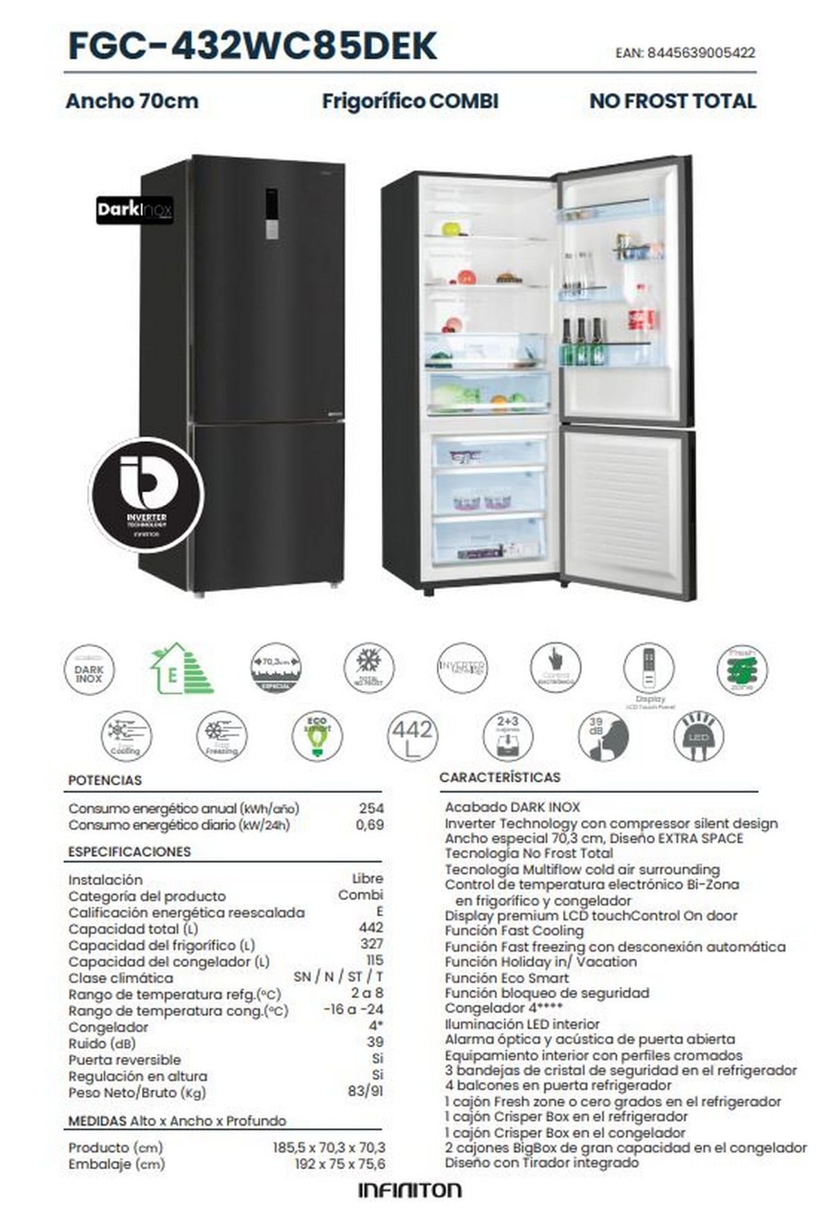 INFINITON Frigorifico Combi FGC-432WC85DEK, 442 Litros, Ancho Especial de 70 cm, Inverter, No Frost Total, Fast freezing, Alarma óptica y acústica de puerta abierta, E, Dark Inox
