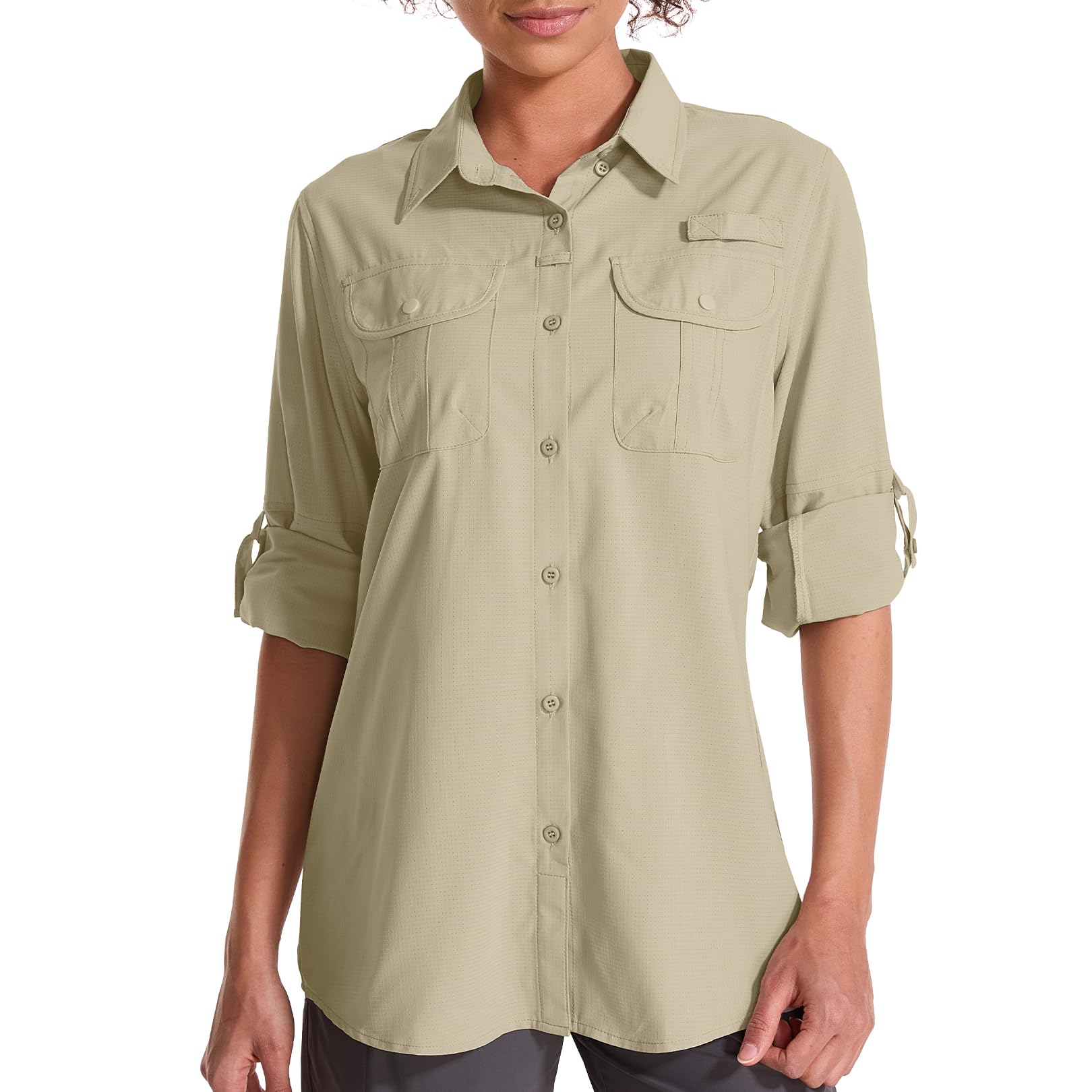Women's UPF 50 Sun Protection Shirts Long Sleeve Fishing Hiking Shirt Cool Lightweight Outdoor Safari Travel Shirts 5082khaki-l