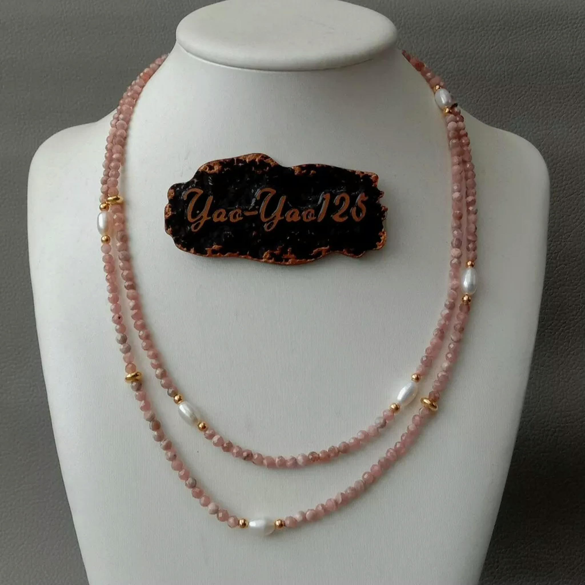 Collana di Perle di Riso Bianco coltivate con rodocrosite Rosa sfaccettata Naturale