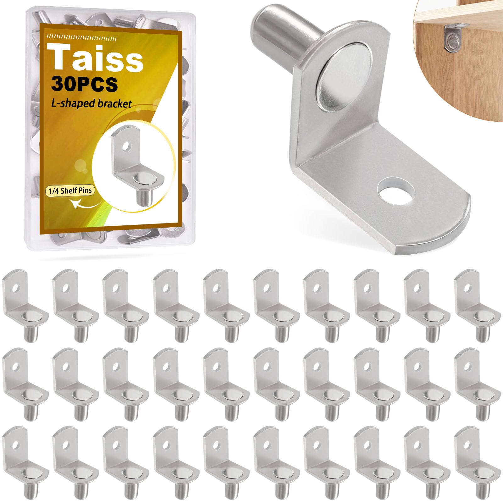 Taiss 1/4 Shelf Pins,Shelf pegs,L-Shaped Bracket Nickel Plated Shelf Support Pegs 30PCS ,Kitchen Furniture Cabinet Shelf pegs
