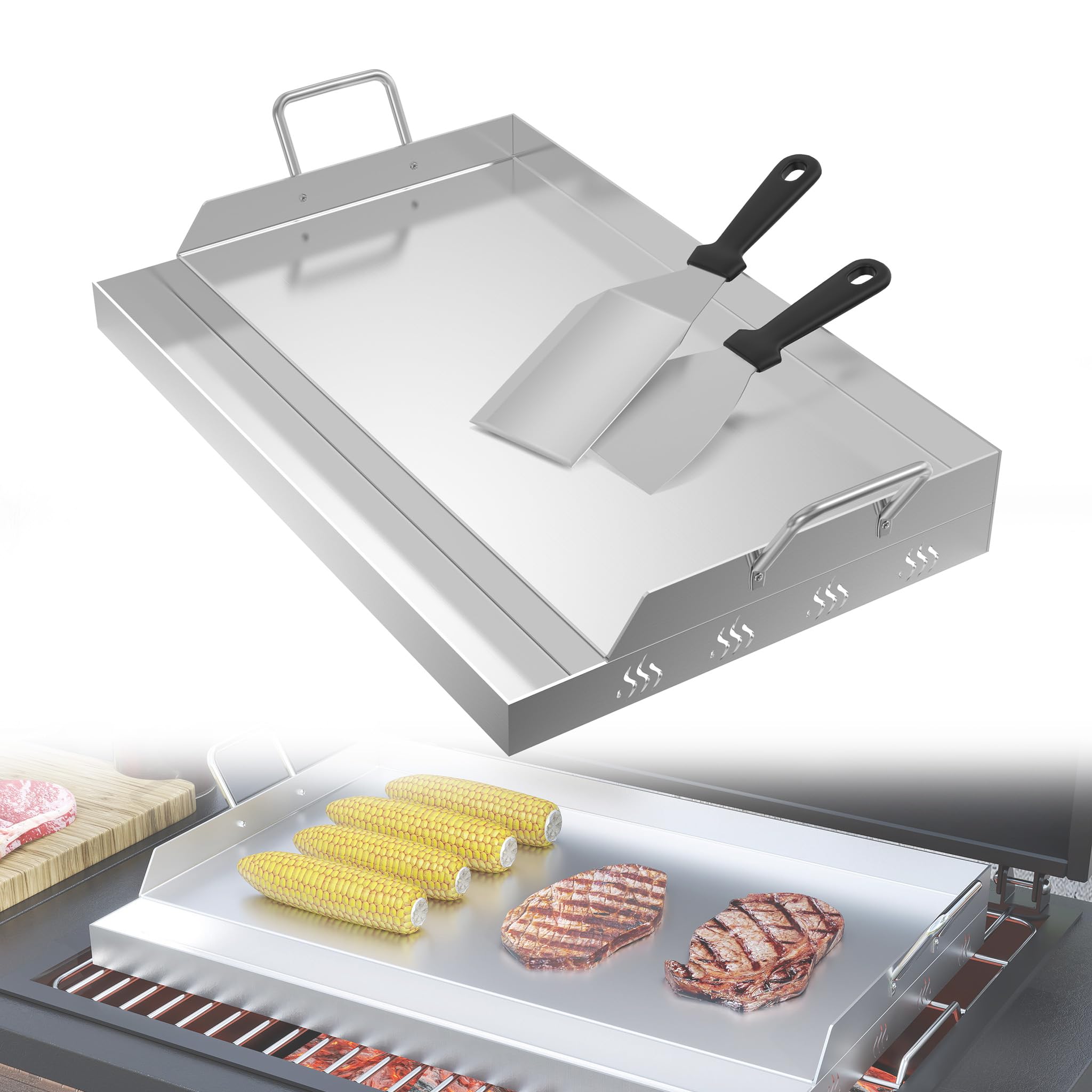 YRHome Plancha Płyta grillowa 54 x 32 x 7 cm, blacha do grillowania ze stali nierdzewnej na gaz i węgiel drzewny, ze szpachelką do grilla i skrobakiem – nierdzewna, odporna na wysokie temperatury