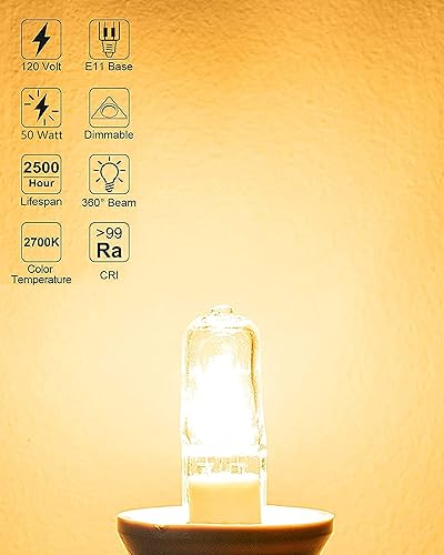 Miniatura 3 de Paquete de 4 bombillas JDE11, bombillas halógenas de 120 V 50 W, bombilla T4 Mini Base JD E11, regulable 2700 K blanco cálido (bombilla LED E11 de