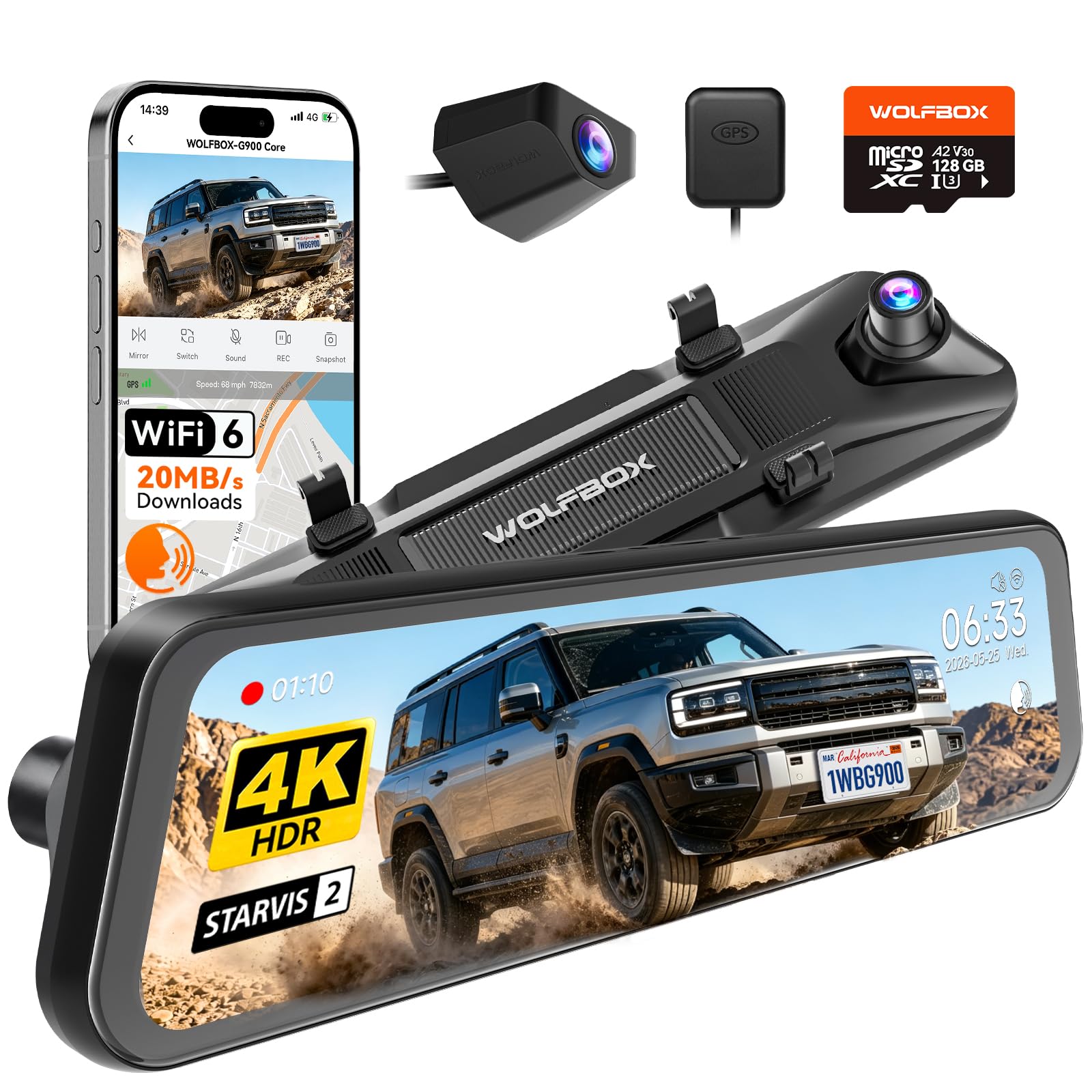 WOLFBOX G900 Core 12" 4K Mirror Dash Cam, 8MP STARVIS 2 IMX678 Night Vision