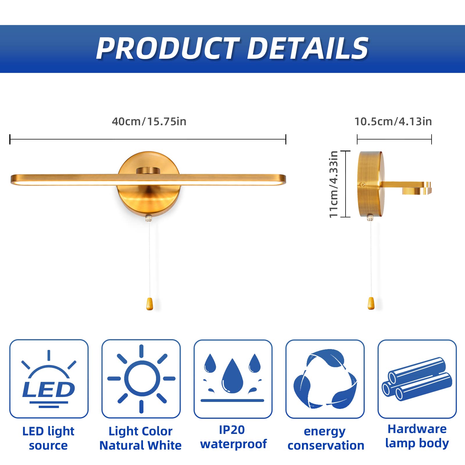 Lampada da Specchio Bagno 40cm 12W 1320 Lumen LED Lampada da Specchio per Bagno Luce Specchio Bagno Applique Adatto per Specchio/Armadio/Illuminazione a Parete/Murales
