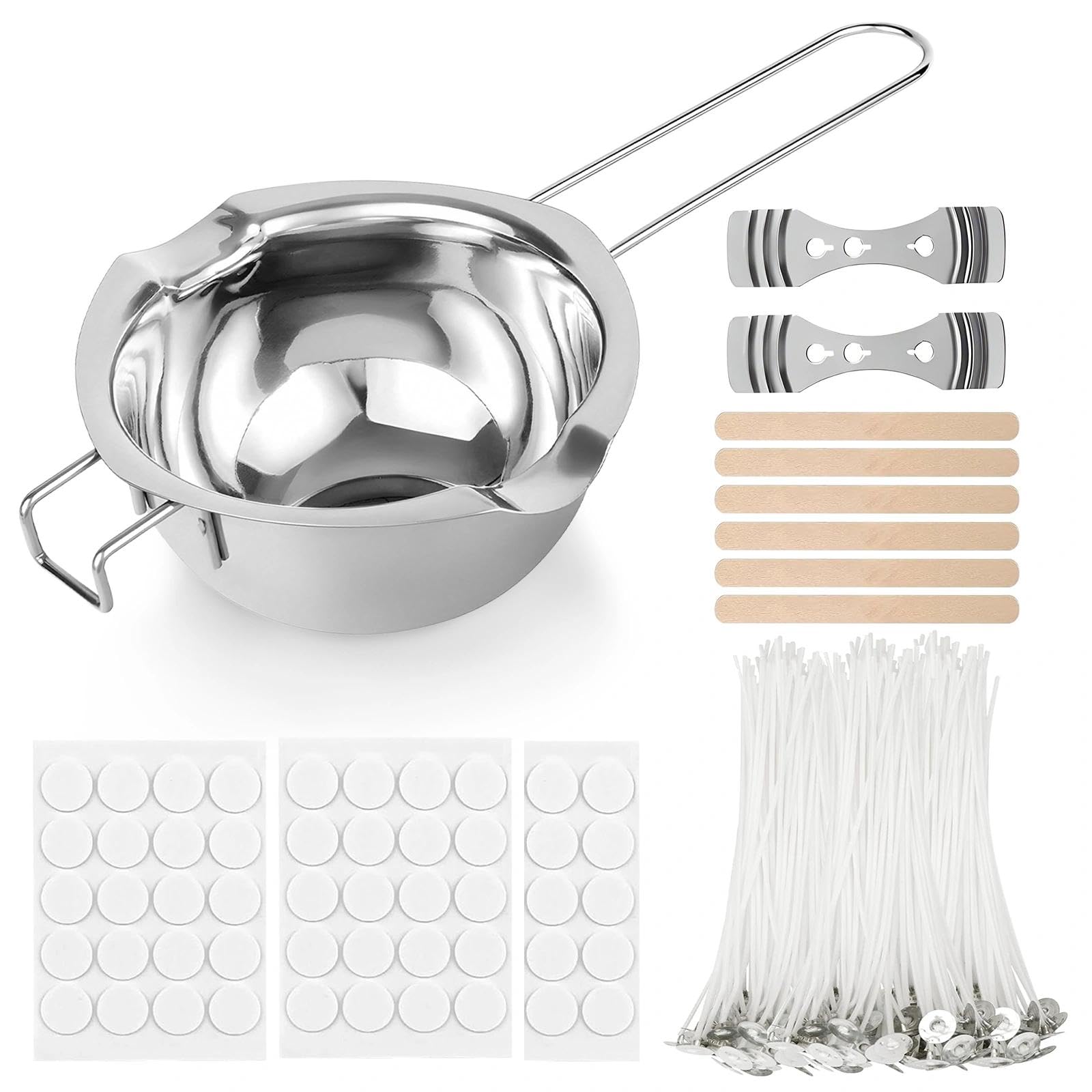 Eulihent Kit de Fabricación de Velas 1 Crisol de Acero Inoxidable 400ml, 50 Mechas Velas Mechas Enceradas, 50 Pegatinas Mecha de Vela, 2 Soporte de Metal para Hacer Velas y Manualidades de Bricolaje