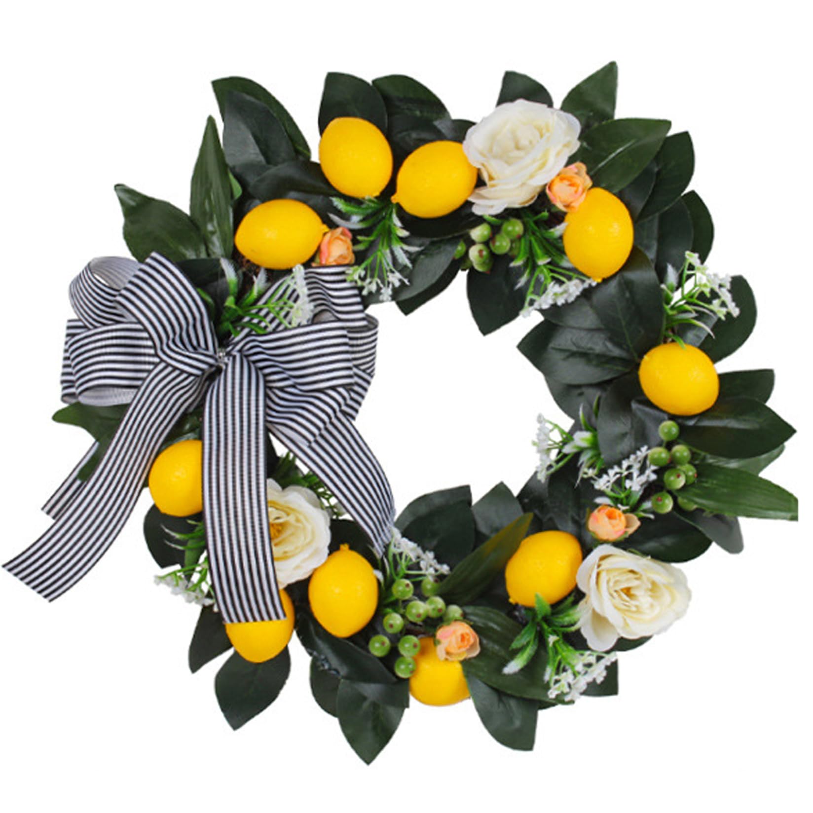 CAKEEYUM 16.9 Inch Vibrant Artificial Lemon & Berry Wreath with Bow for Front Door All-Season Door Decor - Yellow