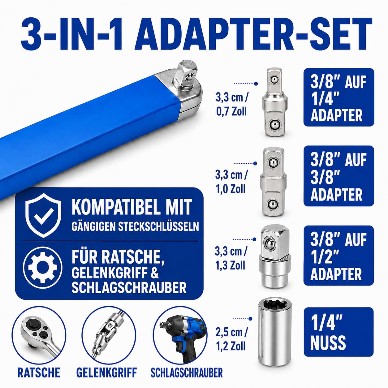 Schraubwerk Offset Schlüssel, Offsets Extension Wrench 39 cm (15 Zoll) Gekröpfter Verlängerungsschlüssel mit 1/4", 3/8", 1/2" Adaptern – Ideal für enge Räume im KFZ-Motorraum – Offset Adapter
