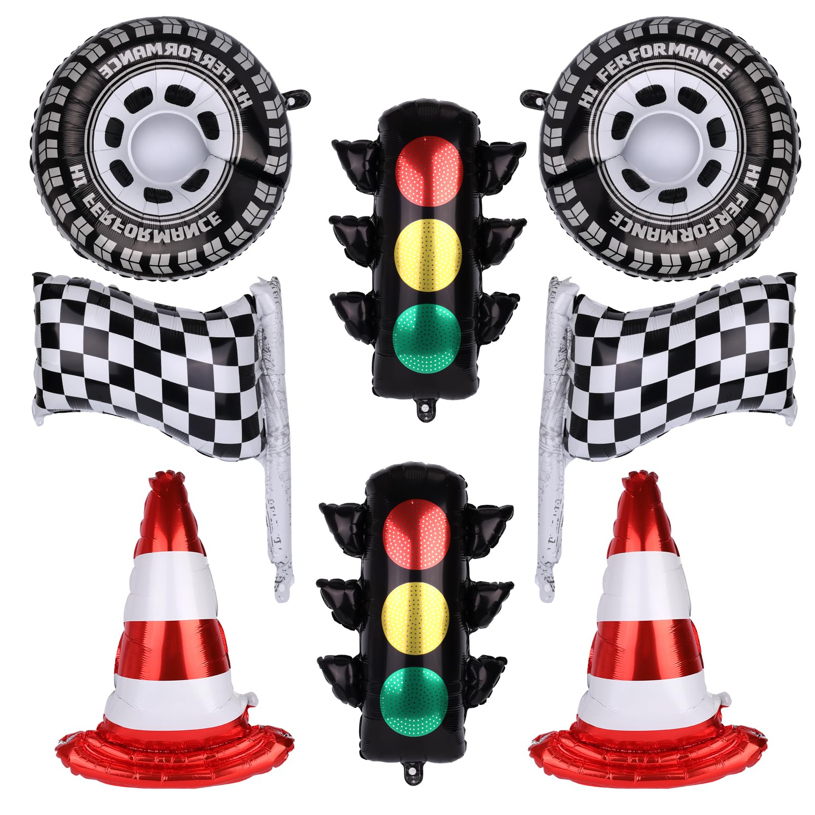 8pcs Traffic Aluminum Film Balloons, Transportation Balloons Include Tires Light Flag Roadblock Barrel Race Car Theme Party Supplies for School Traffic Safety & Construction Parties