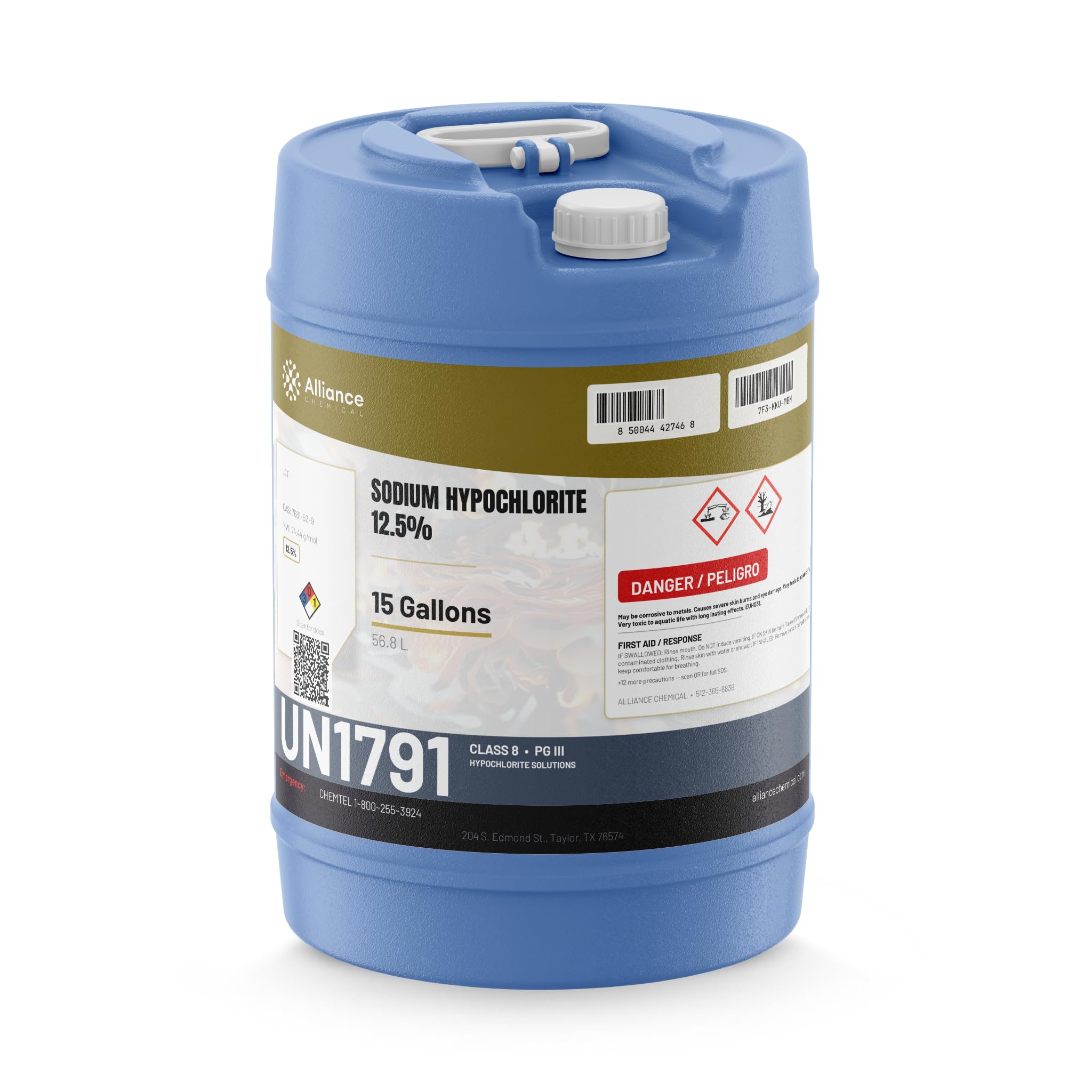 Alliance Chemical Sodium Hypochlorite 12.5% Solution - 15 Gallon Drum - High Purity Sodium Hypo Chloride for Pool and Water Treatment