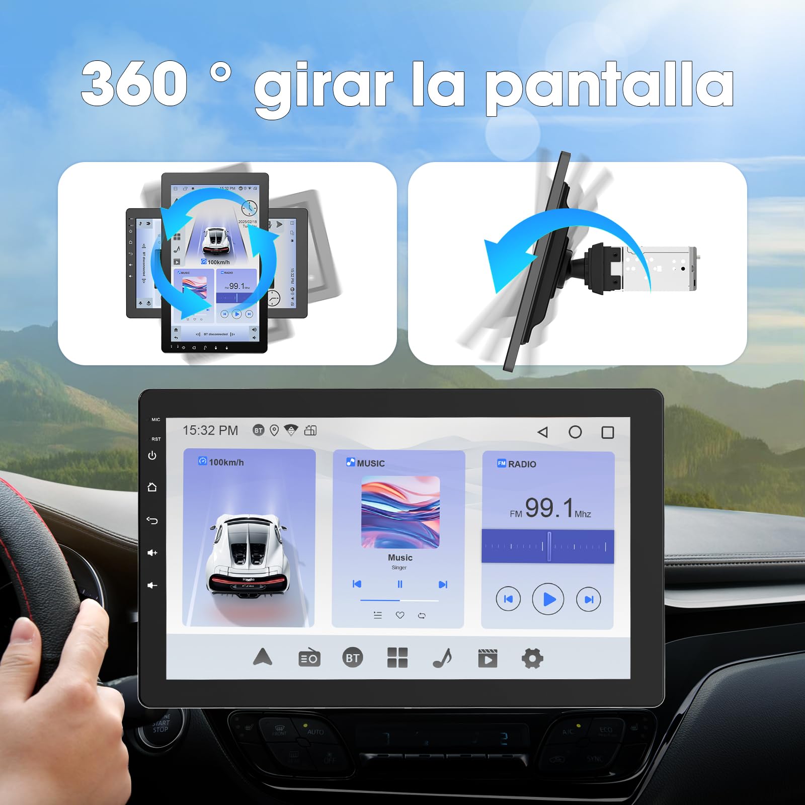 Haudio Radio de Coche Giratoria 360°, Estéreo Bluetooth 1 DIN Carplay Inalámbrico y Android Auto, Pantalla IPS de 10.1 Pulgadas Car Play con Mirror Link,Control por Voz,RDS/FM/Am, Cámara Trasera 720P