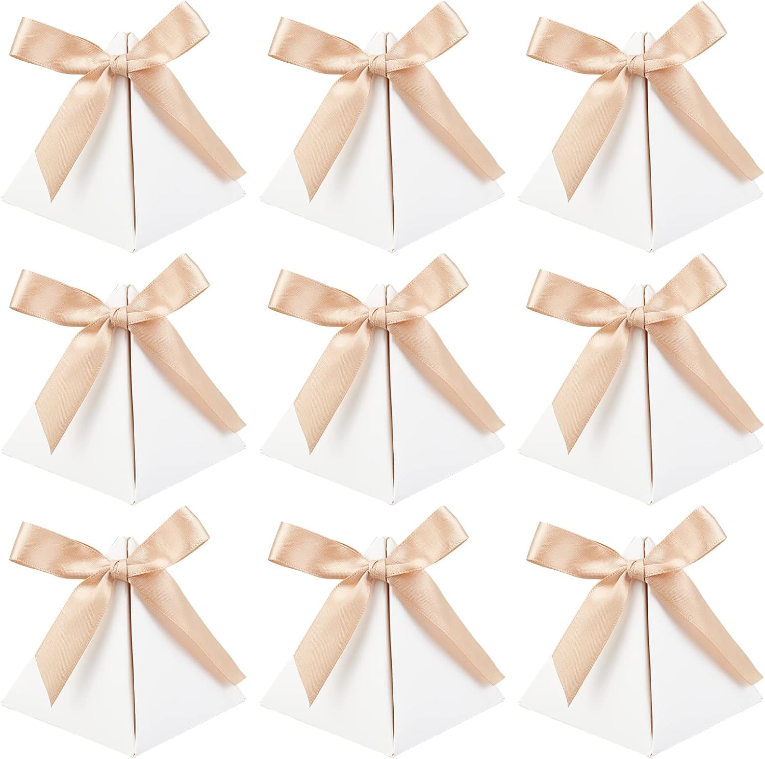 FINGERINSPIRE 30 Pcs Triangle Candy Boxes with Polyester Ribbon (White, 2.8x2.8x3.1 Inch) for Bridal Shower, Anniversary, Birthday Party, Wedding Favor