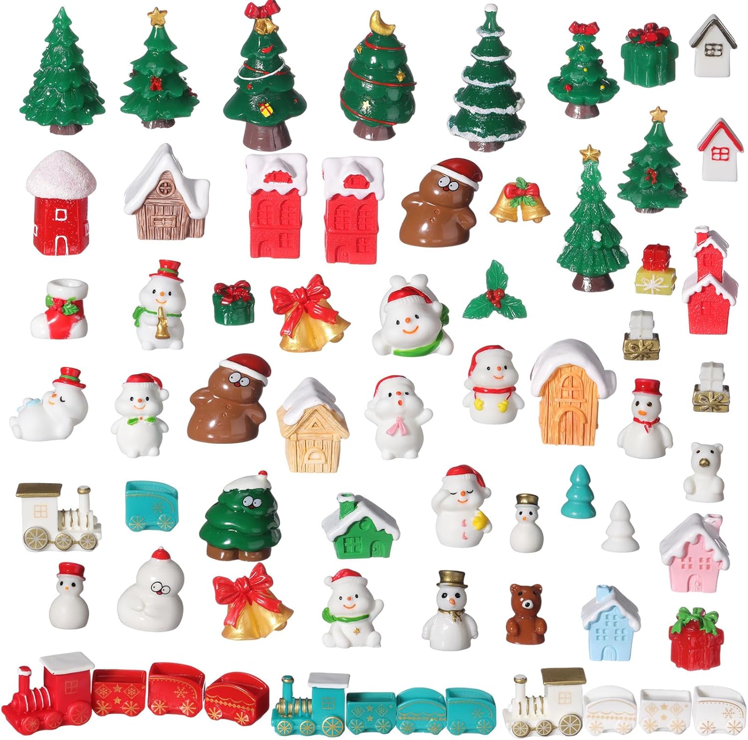 58 Pcs Christmas Miniature Figurines Tiny Mini Resin Santa Claus Snowman Snowflake Reindeer Xmas Tree Figurines Bulk Xmas Fairy Garden Ornaments for Snow Globe DIY Christmas Village Dollhouse Decor