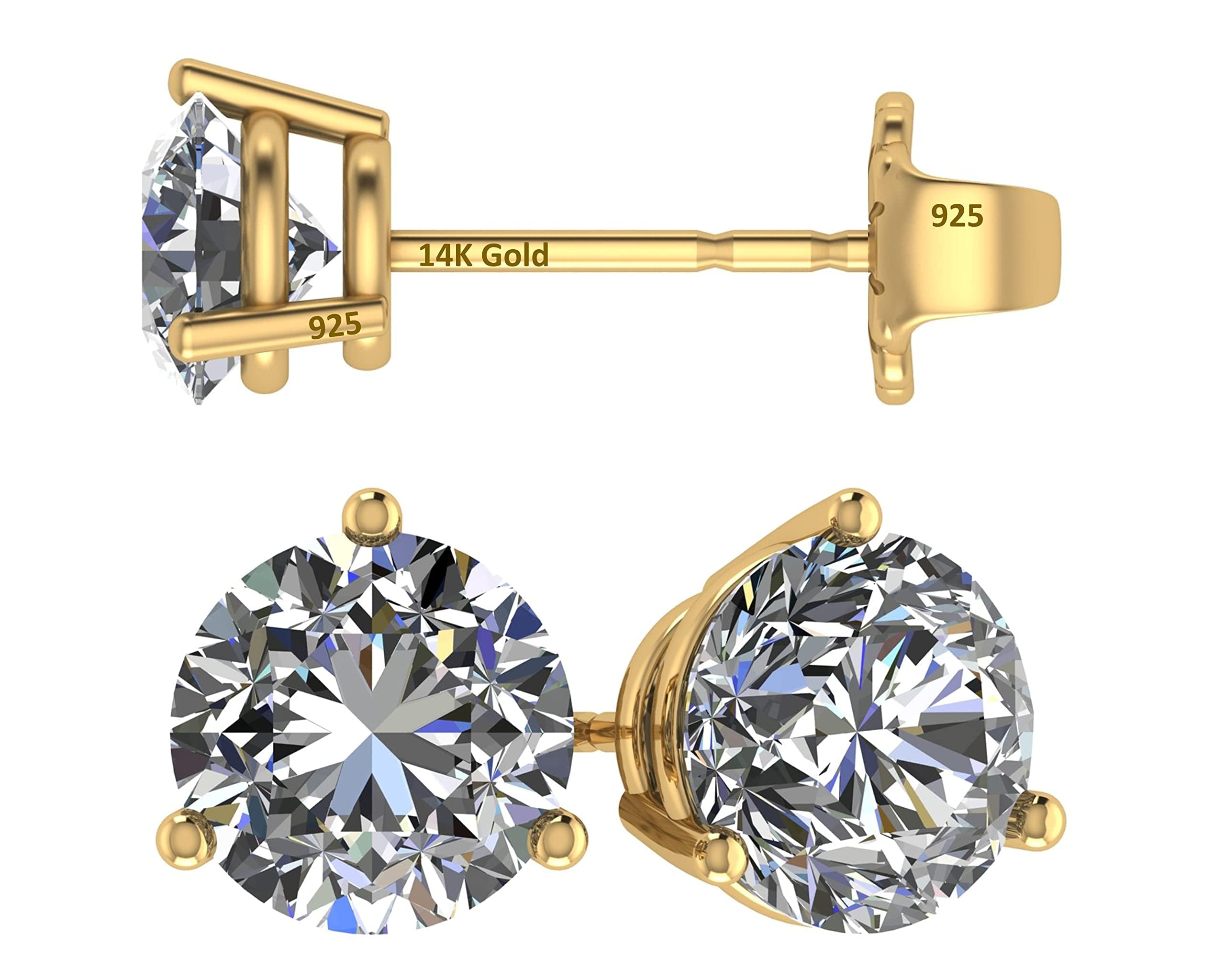 14K Gold Post & Sterling Silver Made with Swarovski Zirconia 3 Prong Martini Style Stud Earrings 1.0ct to 4ct