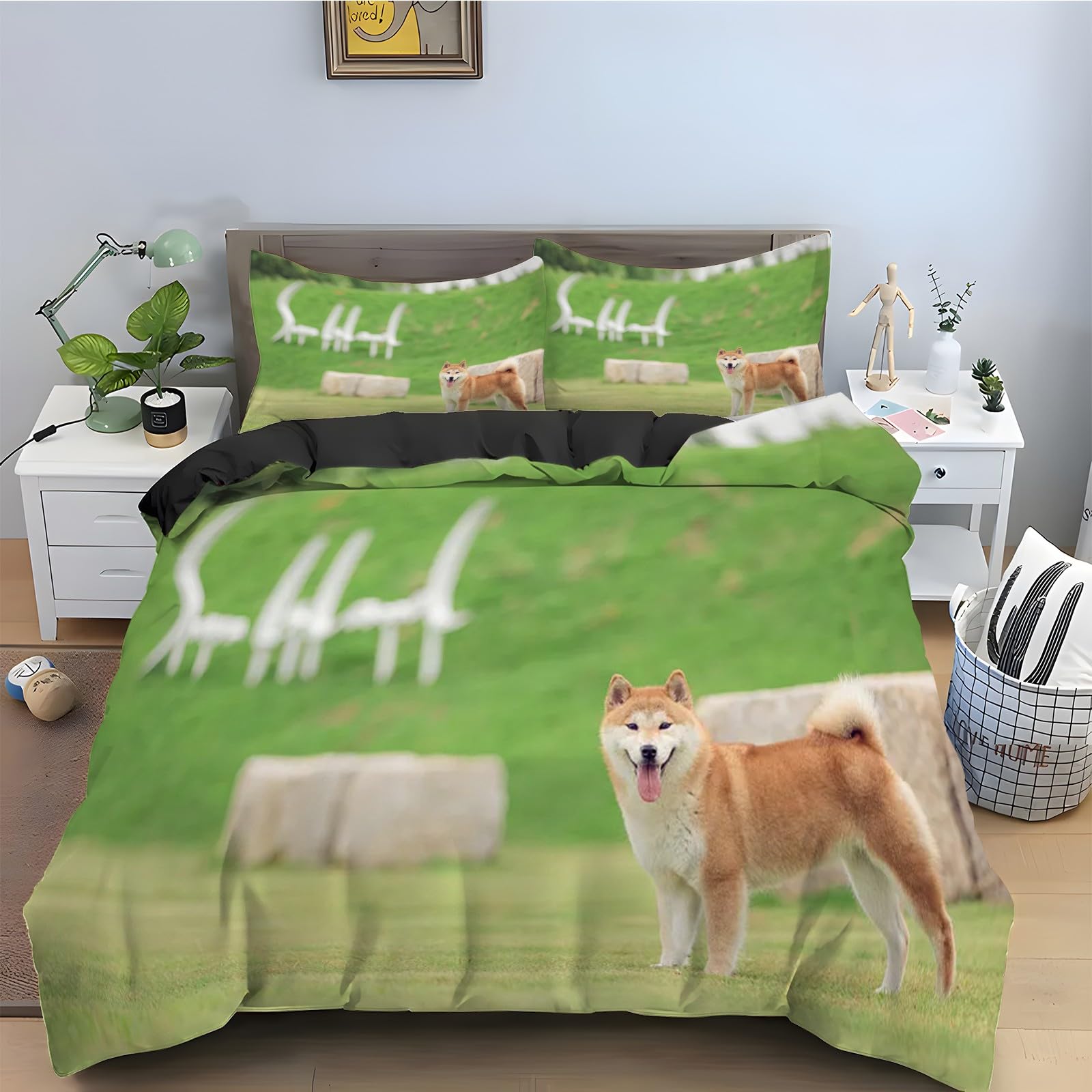 Ensemble de literie 3 pièces Shiba Inu anti-plis avec housse couette en microfibre douce