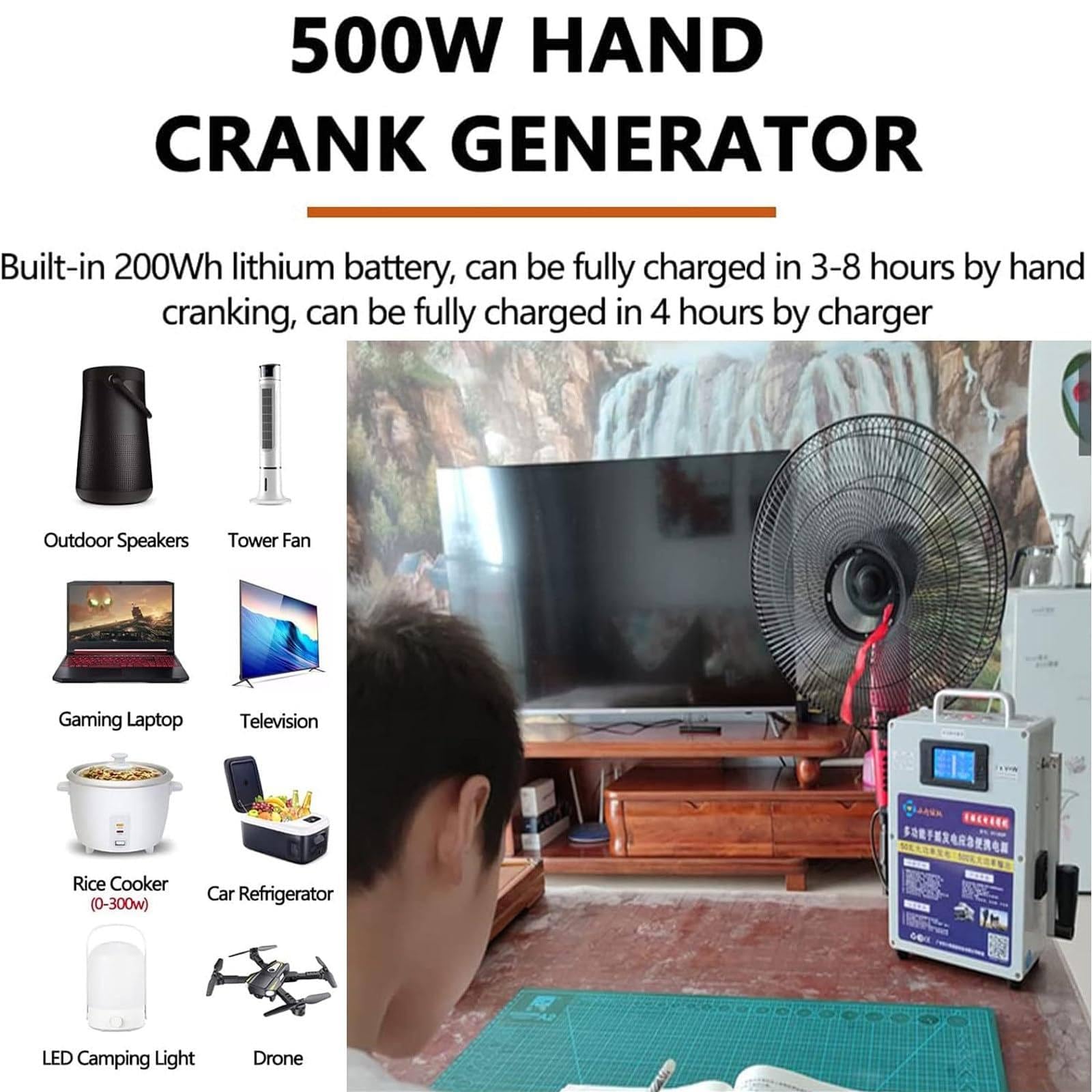 Generador portátil de 500 W con manivela,estación de energía portátil de 220 V CC,cargador con manivela,para emergencias por huracanes,campamentos al aire libre,vehículos recreativos y uso doméstico