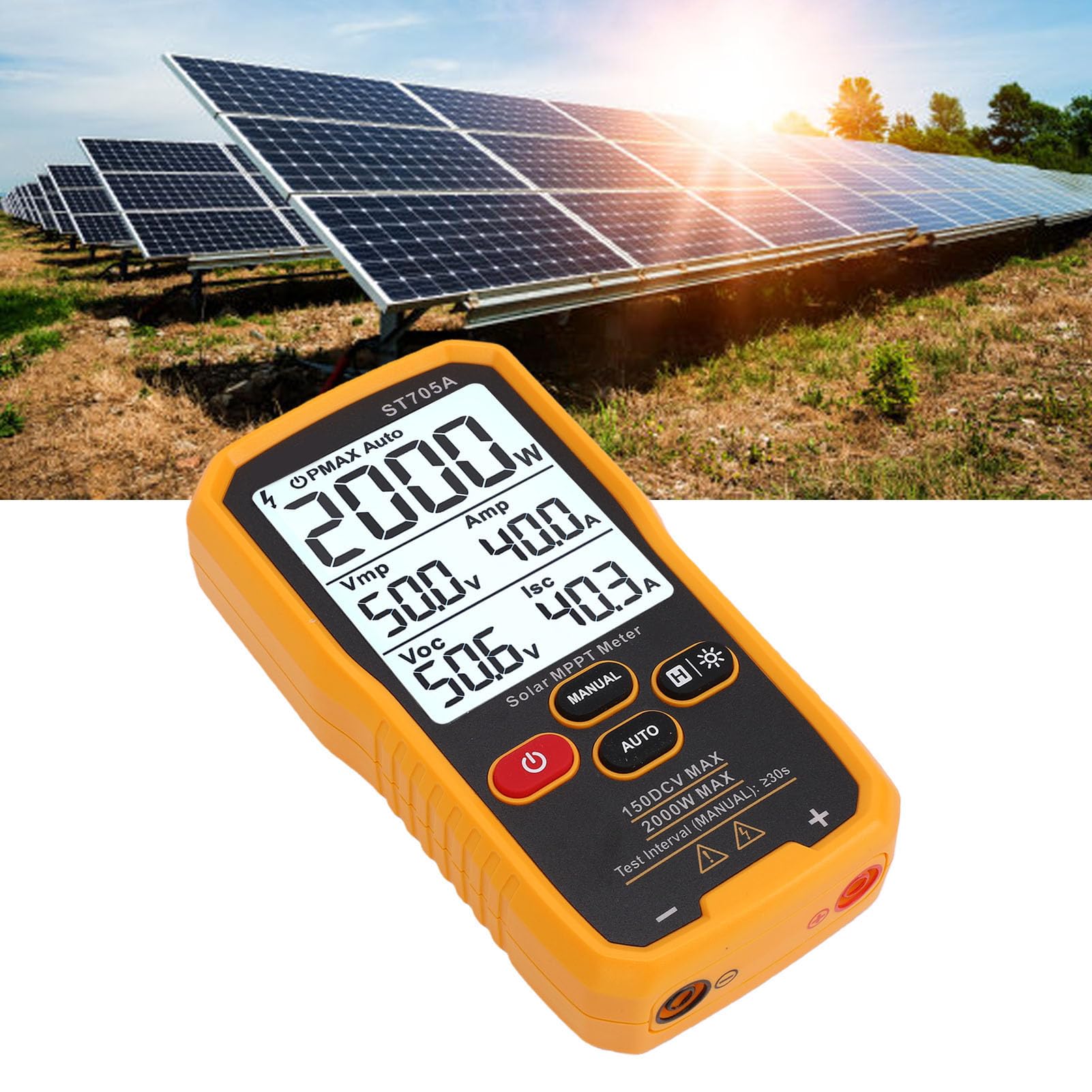 Luocute Tester Paneli Słonecznych MPPT 2000W 150VDC 45A | Podświetlany Ekran LCD o Przekątnej 3,2 Cala, Gumowa Obudowa, Automatyczne i Ręczne Tryby Pomiaru, Alarm Przekroczenia