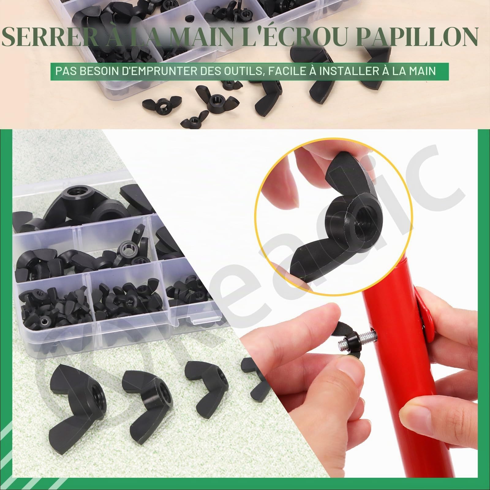 Keadic Lot de 110 écrous à ailettes métriques en nylon M3 M4 M5 M6 M8 M10 M12 Hand Twist Serrage Oreille Papillon Écrous à ailettes pour Home Building Industry (noir)