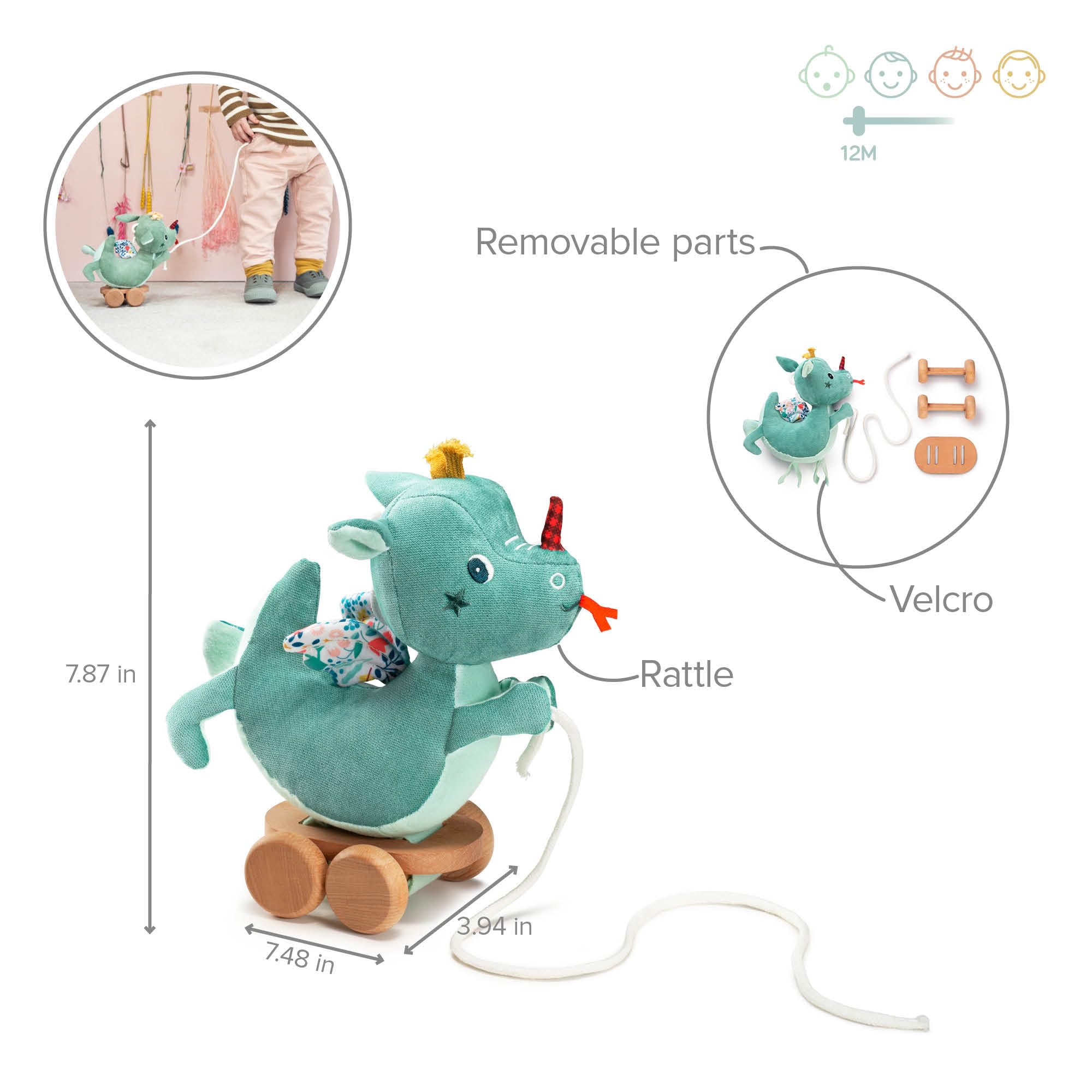Lilliputiens – Jouet à Tirer Joe Le Dragon – Compagnon idéal pour Les Premiers Pas de bébé – Jouet d’éveil sonore et Tactile avec Tete tintante et Roues Mobiles – Dès 12 Mois – 83329
