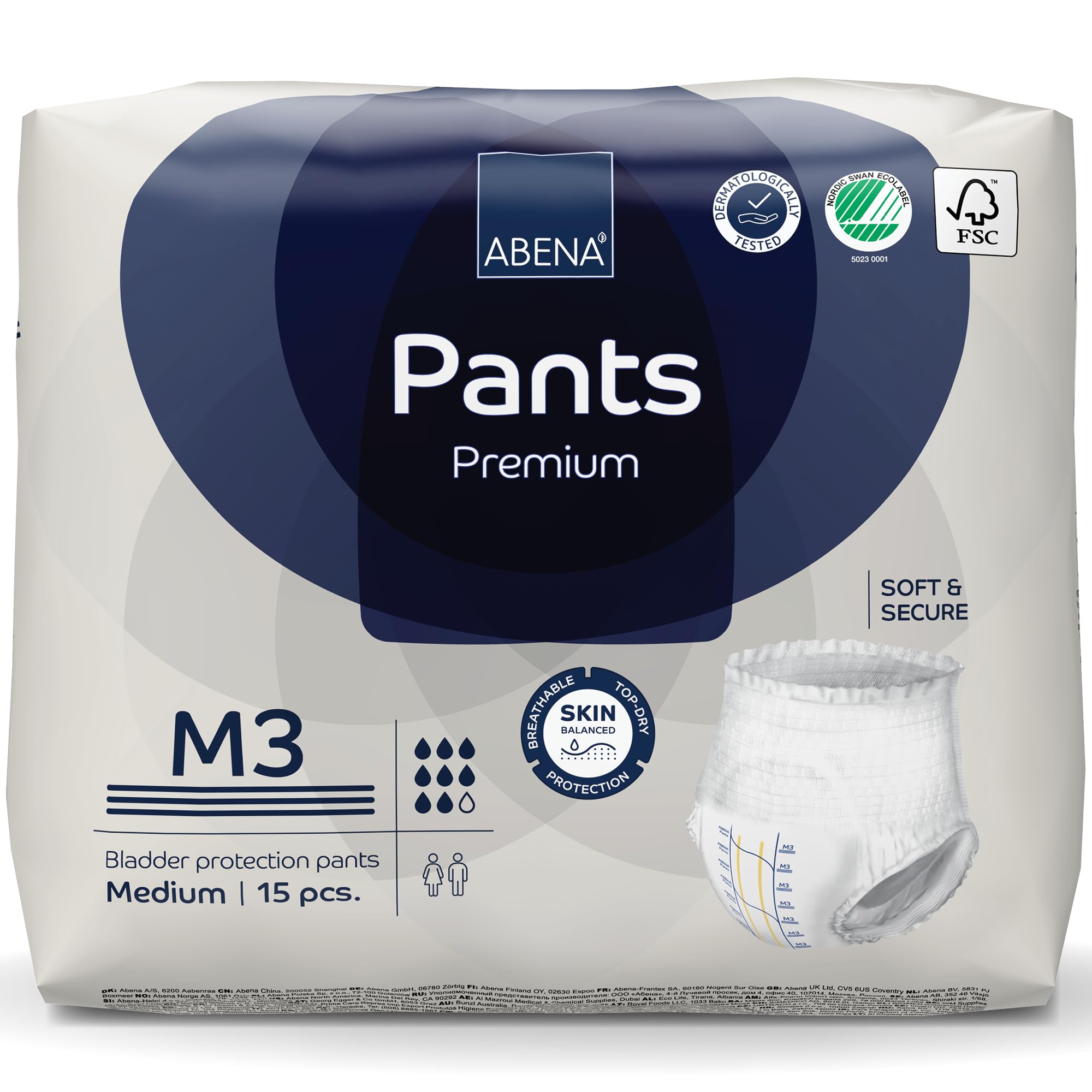 Abena Pants Premium Pull-Up Incontinence Pants, Eco-Labelled Incontinence Pants for Men & Women, Discreet, Protective, Breathable, Comfortable, Medium 3, 80-110cm Waist, 2400ml Absorbency, 15PK