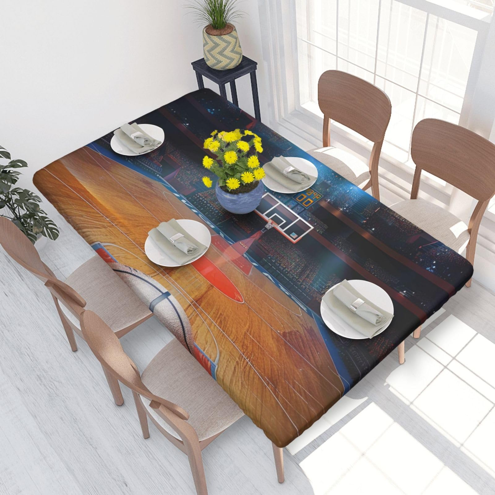 DCARSETCV indoor basketball Printed 4FT Waterproof Tablecloth with Elastic Edged Protect & Decor Your Table, Oil-proof Washable Table Cloth Cover for Dinner Picnic Party