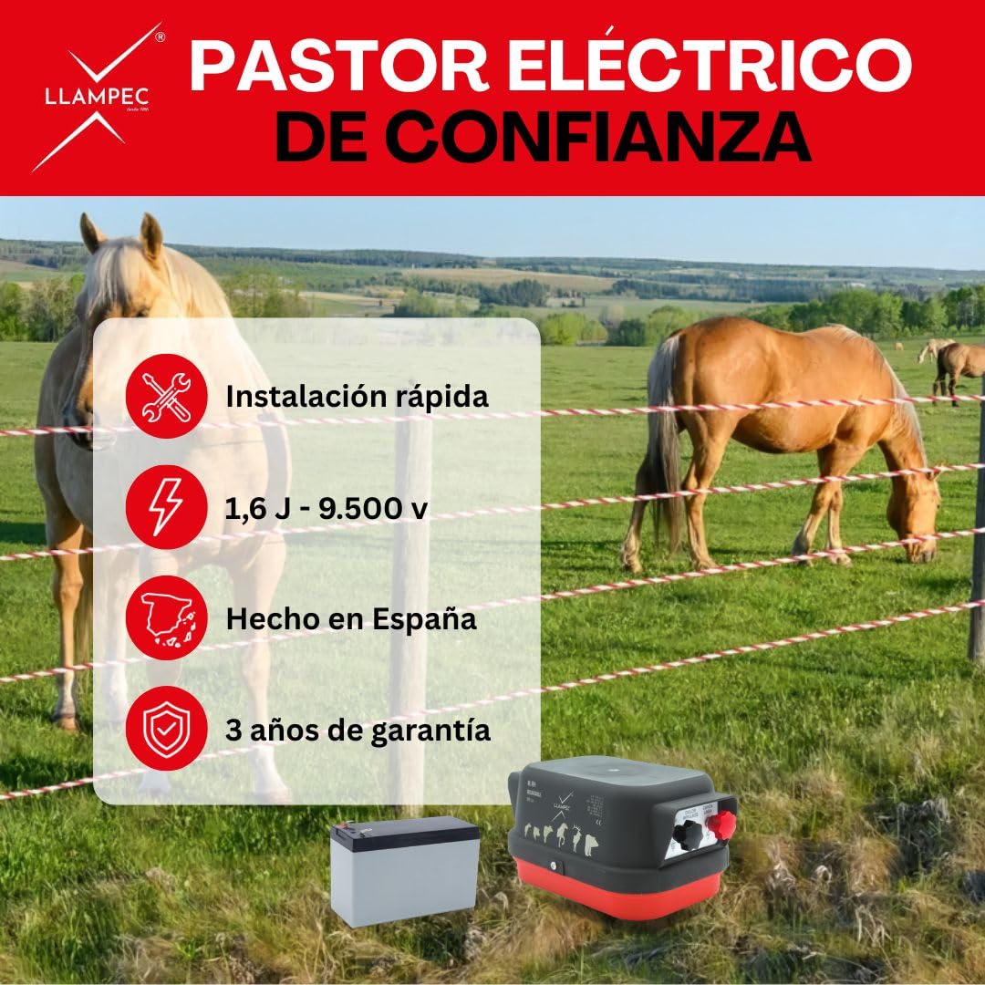 Pastor eléctrico Llampec Mod.RH con batería recargable 12V – 1,6 J, 9.500 V y 10 km de alcance – Especial para caballos y uso en competiciones Raid Horse – Fabricado en España