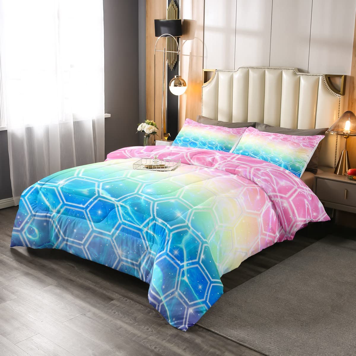Loussiesd Honeycomb Duvet Insert Hexagonal Beehive Geometrical Bedding Set For Kids Adults Gradient Blue Pink Yellow Soft Simplistic Galaxy Double Size Warm 3 Pcs - Image 2