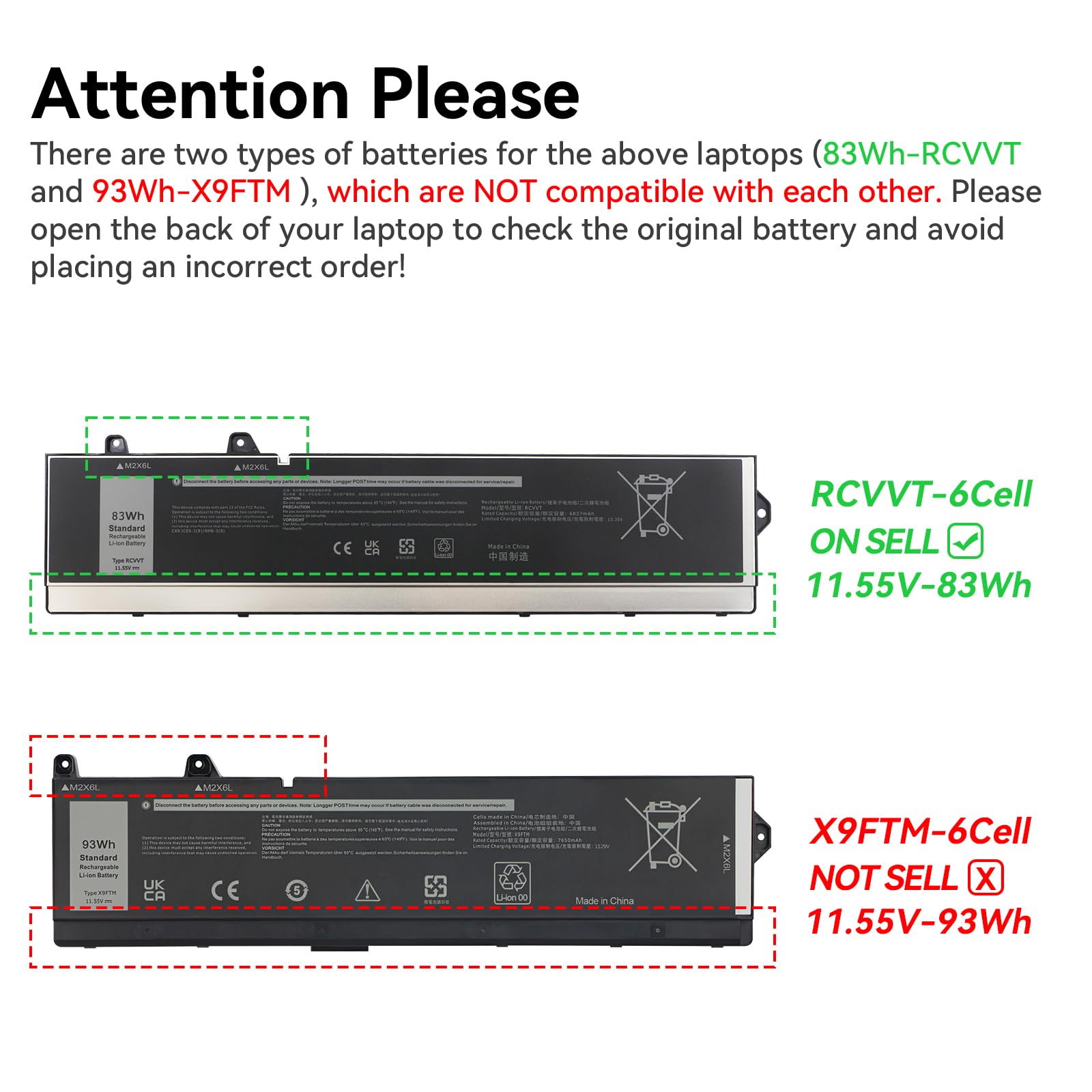 ANTIEE 83Wh RCVVT Laptop Batterie d'ordinateur portable pour Dell Precision 7670 7680 7770 7780 Series X9FTM NWDC0 X26RT T6PFX 451-BCYH 11.55V 6827mAh