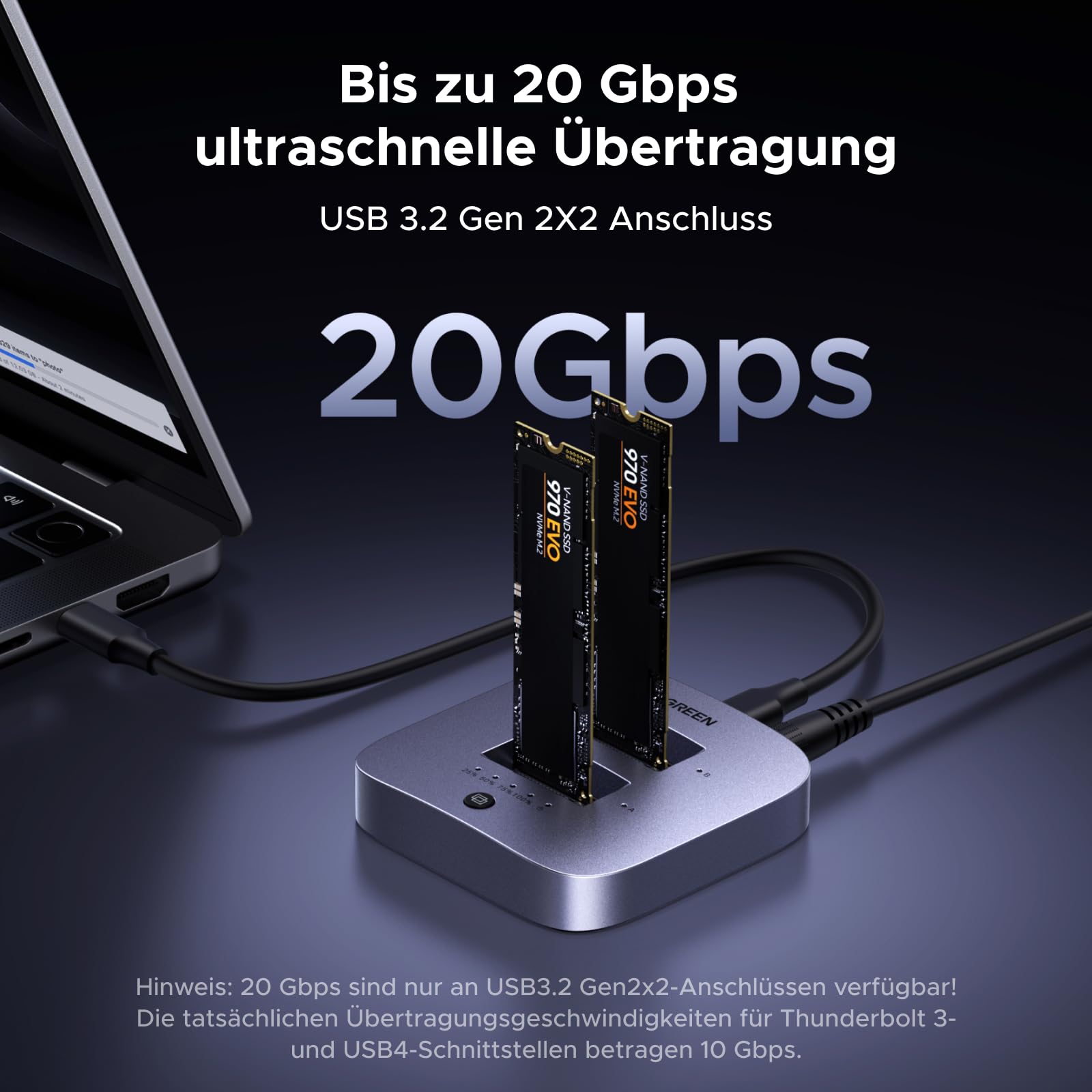 UGREEN Festplatten Dockingstation, USB 3.2 Gen 2X2 20Gbps Dual Bay NVMe SSD Gehäuse, M.2 Festplattengehäuse für M Key PCIE NVMe SSD, Offline-Klonen und UASP unterstützt
