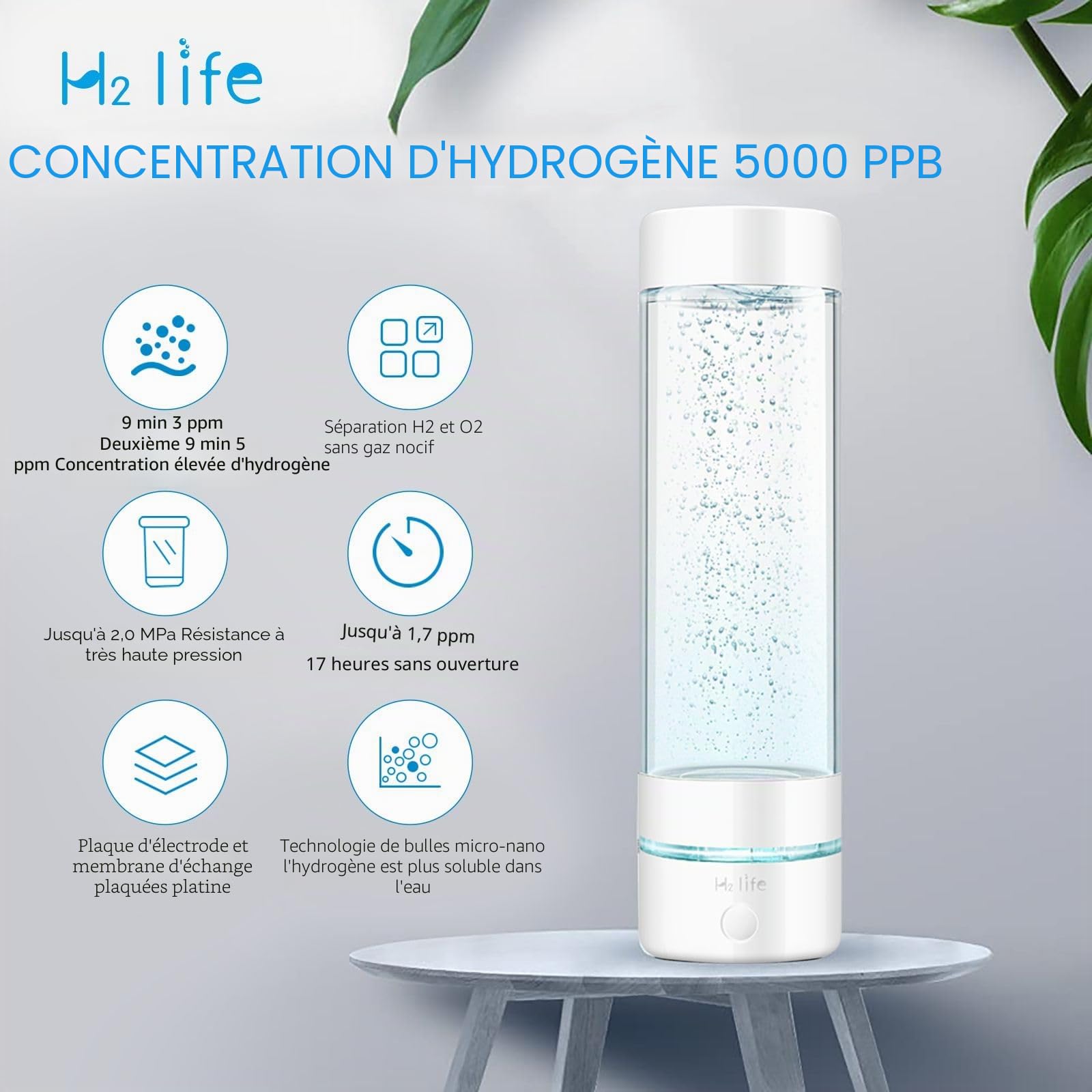 Générateur d'eau d'hydrogène, bouteille d'eau professionnelle sans BPA – Double mode portable réutilisable ioniseur d'eau avec SPE et PEM Bouteille d'eau d'hydrogène pour le sport