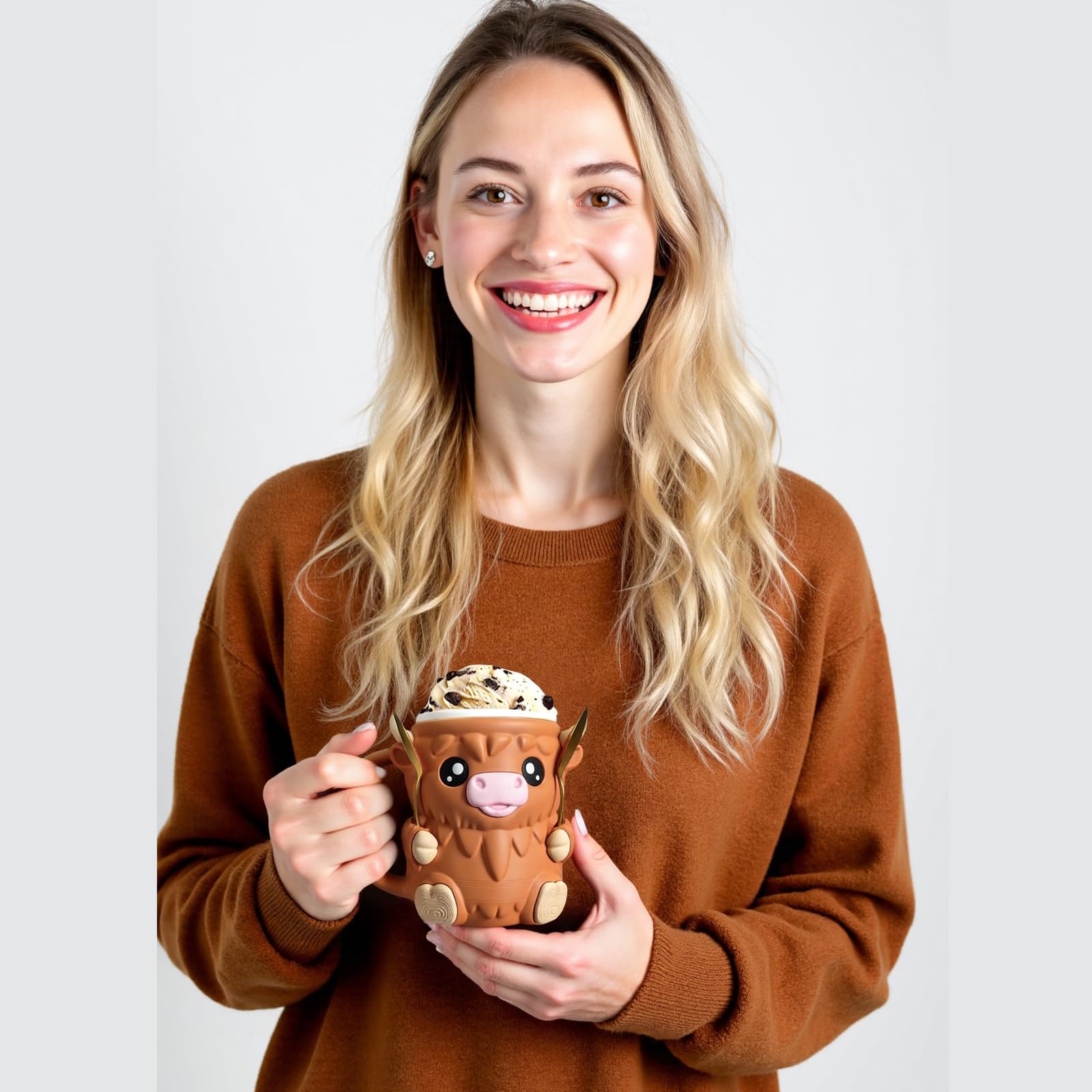 Highland Cow Ice Pint Holder, tazza per gelato con cucchiaio, riutilizzabile, protezione antigoccia per ragazzi e ragazze (C) (A)