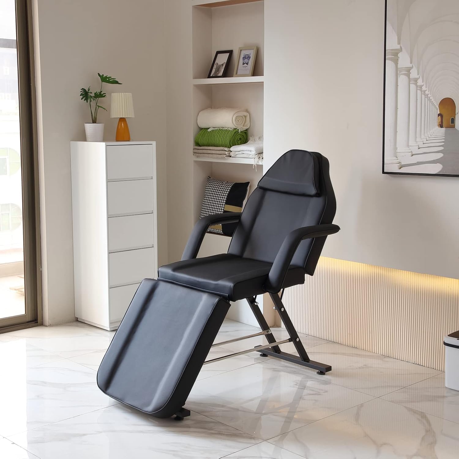 LSLIFE Beauty Bed Massageliege mit Hocker & Laken 3 Abschnitt verstellbare Massagetisch Tattoo Stuhl mit abnehmbaren Armlehnen Kopfstütze Salon Wimpern Bett für Spa Salon