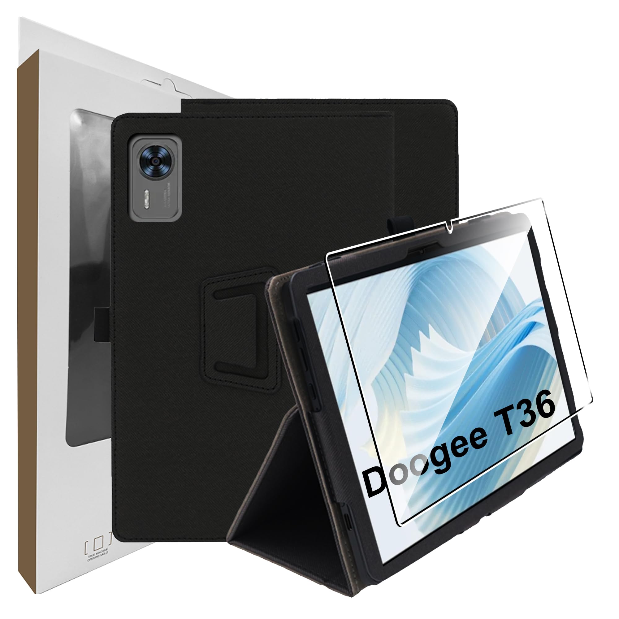 zZjoOoj Hülle für Doogee T36 2025 12 Zoll Schutzhülle,Ultra Dünn PU Case Cover,Tablet Protection Bundle with 1 Stück 9H Härte Anti-Kratzen Folie, Vertical Stand Function,Schwarz