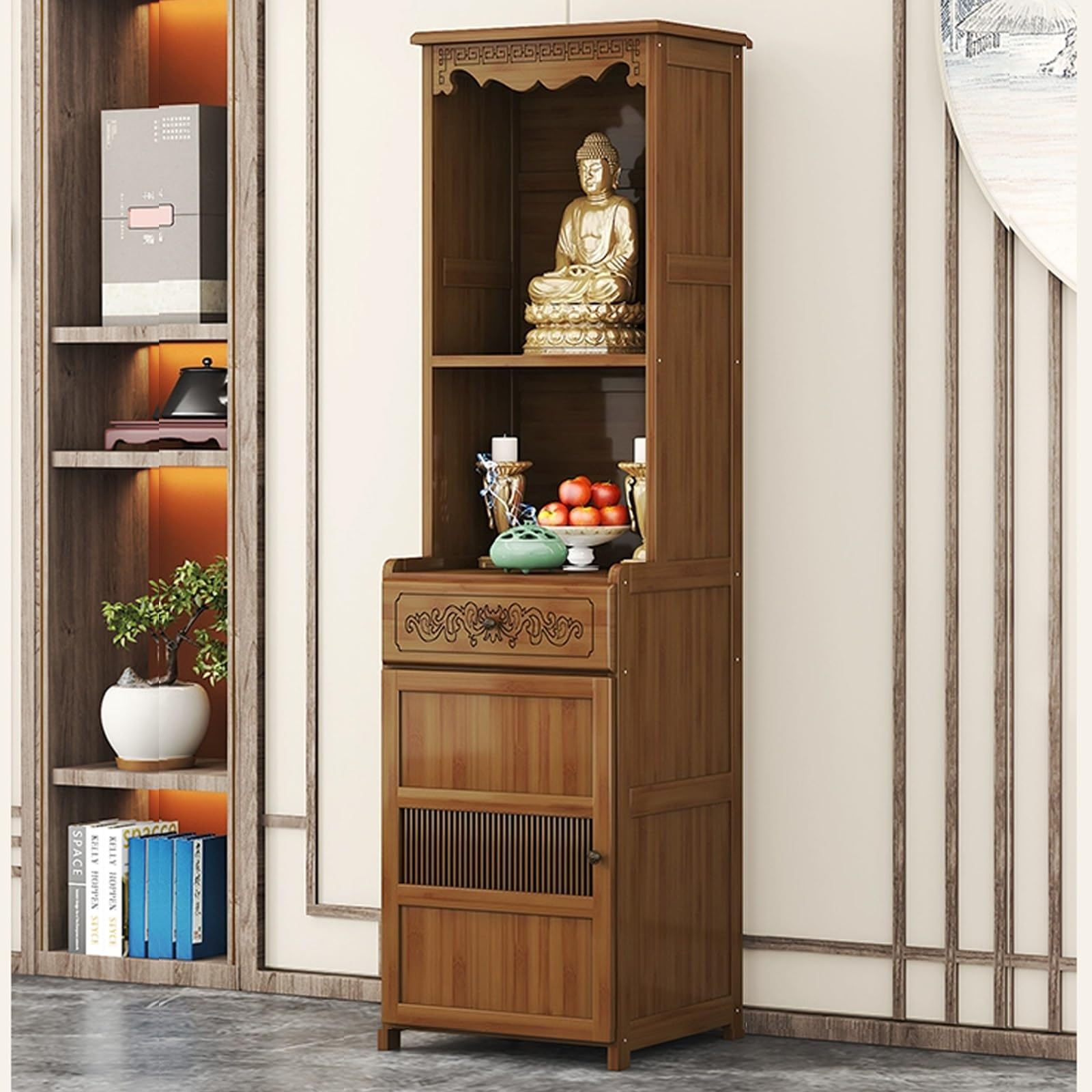 MESCXTY Open Altar Cabinet with Large Storage,Intricate Chinese Pedestal Offering Table, Fengshui Statue Display Shelf,Buddhist Table Drawer for Home Use