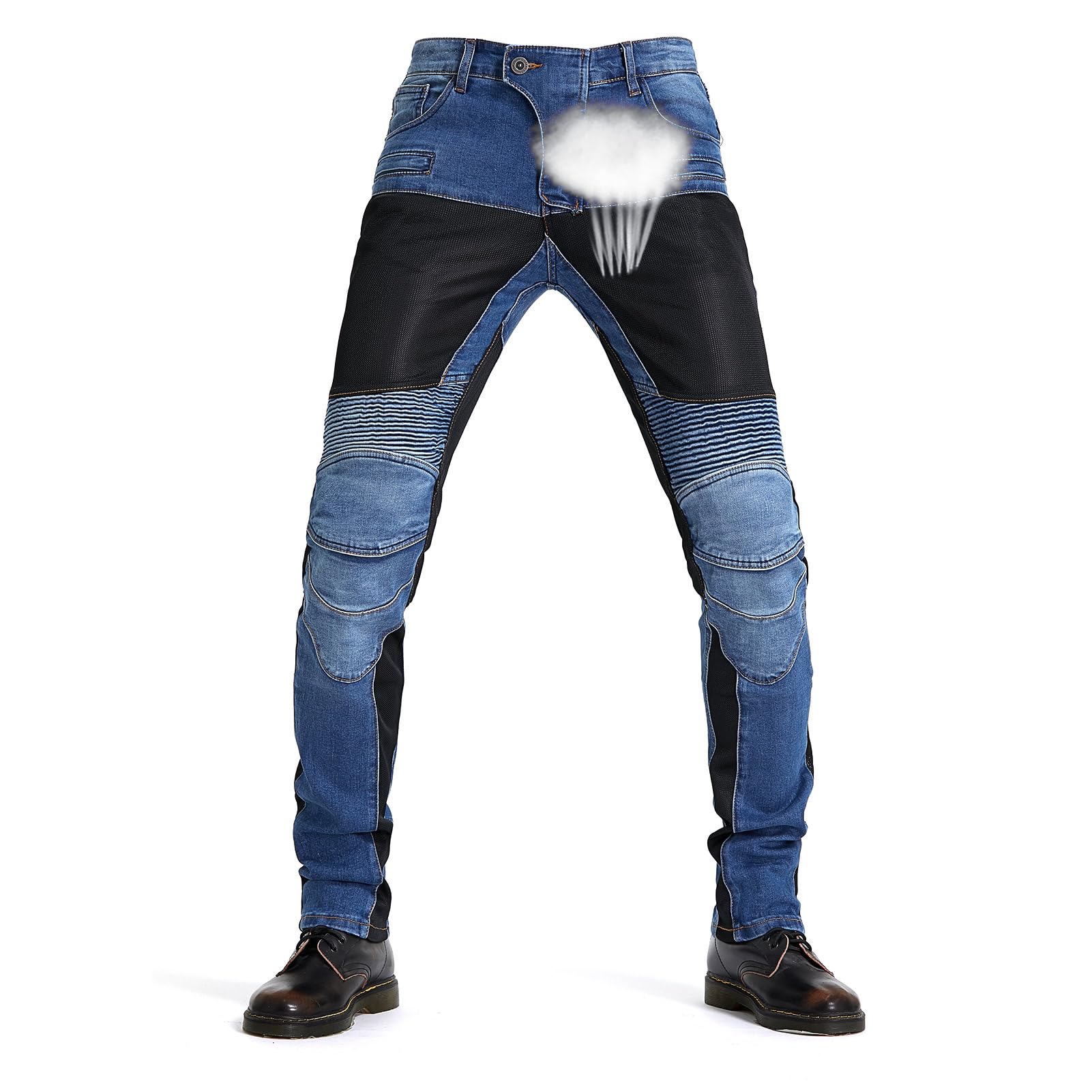Motorbroek voor heren, ademende elastische motorjeans voor heren, kleding voor fietstochten en buitensporten, geschikt voor winter en zomer, 4 x beschermingsuitrusting, Blauw, XXL