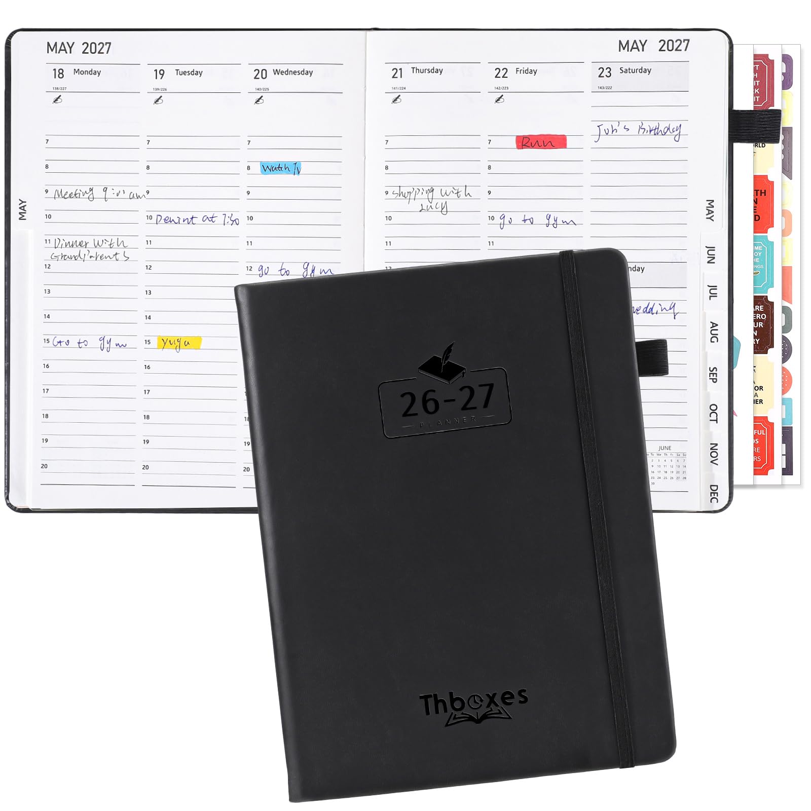 Academic Diary 2026-2027, A5 Week to View Vertical Weekly Planner from August 2026 to July 2027, Hardcover Diary with Monthly Tabs & 4 Sheets Stickers (Black) — image 1