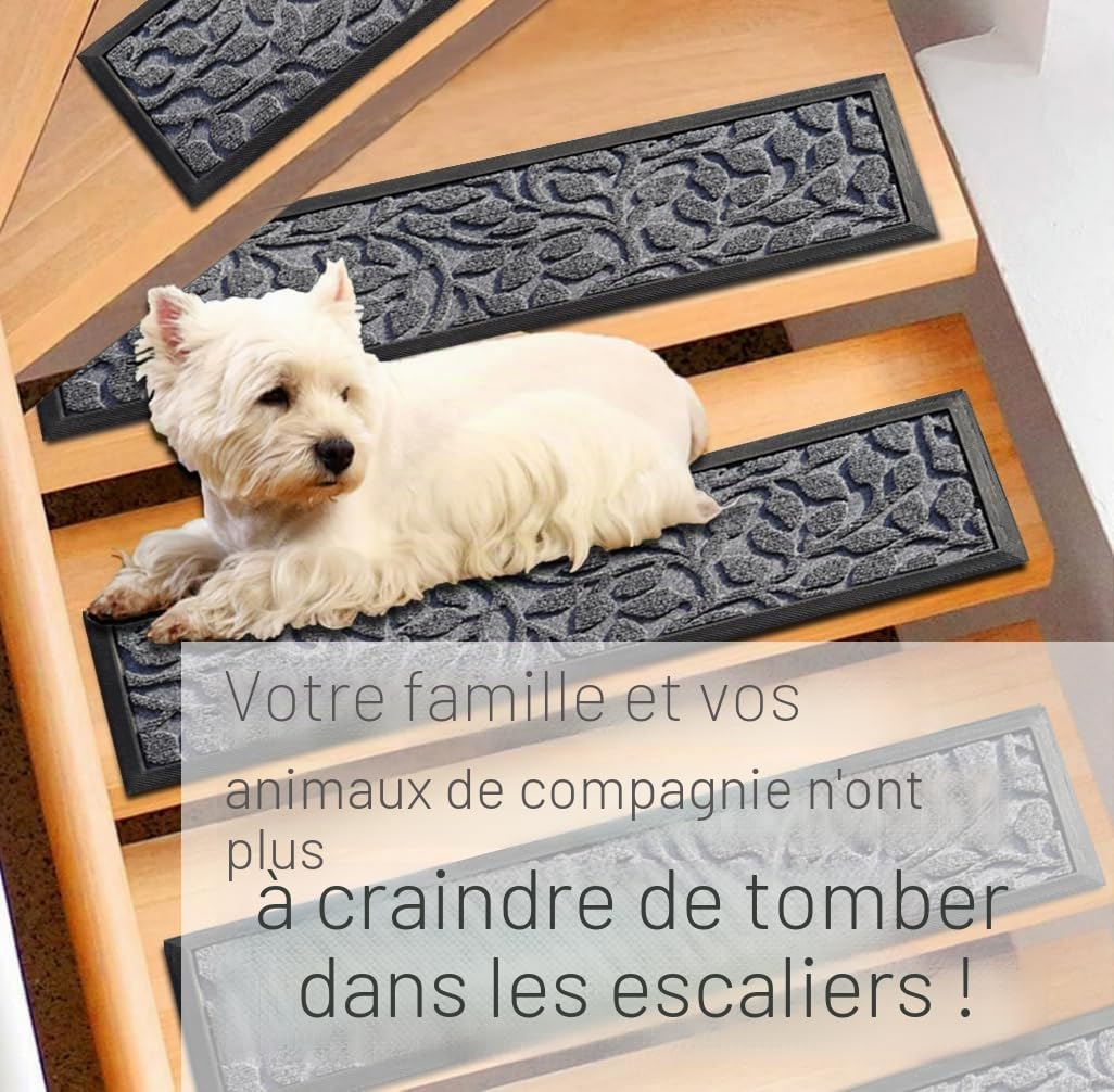 Aucuda Lot de 6 tapis d'escalier d'extérieur en caoutchouc, 76 x 22 cm, résistants aux intempéries et antidérapants, isolation thermique, tapis antidérapant pour extérieur, tapis d'escalier gris à