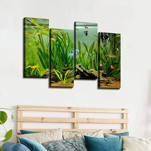 Miniatura 4 de 4 piezas de lienzo para pared, hermosos peces nadando en un acuario tropical de agua dulce plantado, pósteres de pintura artística, cuadros