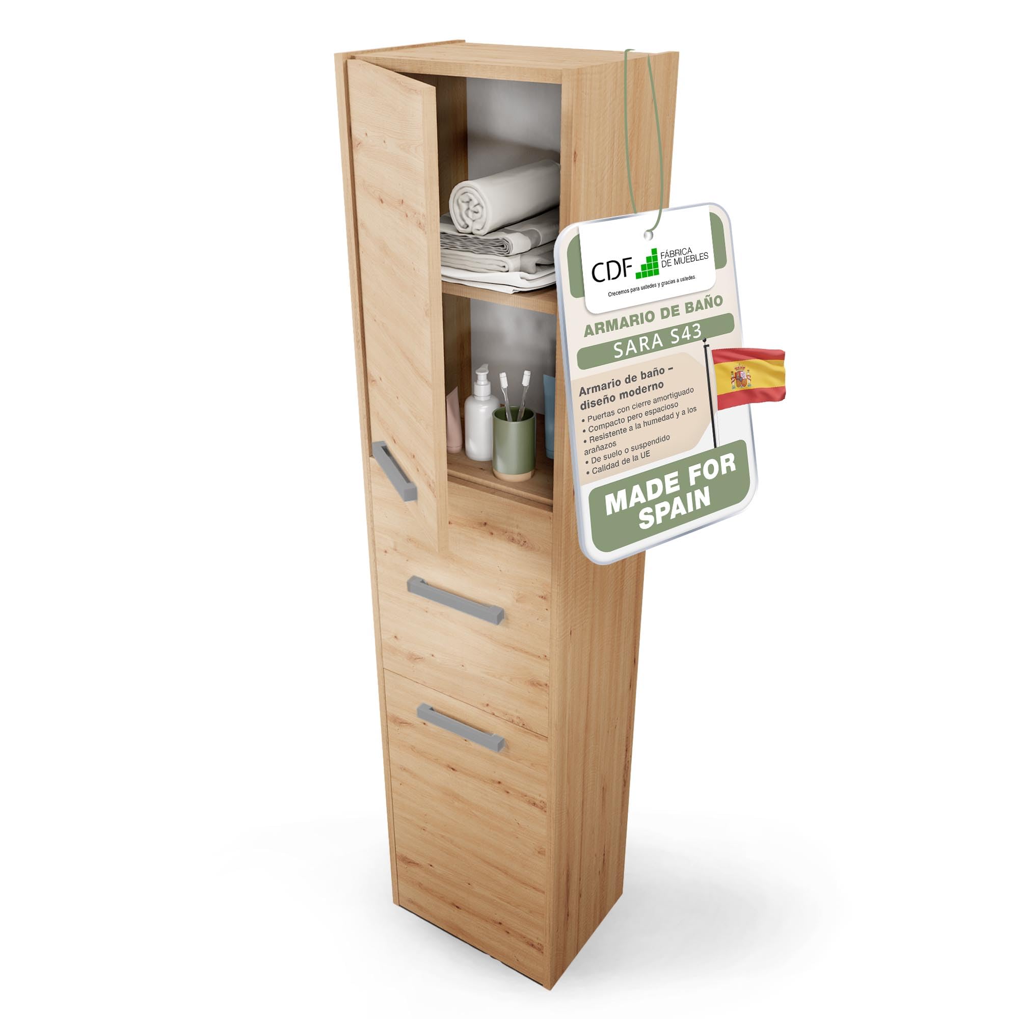 CDF Armario de Baño Alto Columna Mueble Baño Estrecho - Ancho: 40 cm Roble Artisan 30x40x170 cm Ahorro de Espacio, para Guardar Cosméticos y Productos de Limpieza, para Espacios Pequeños
