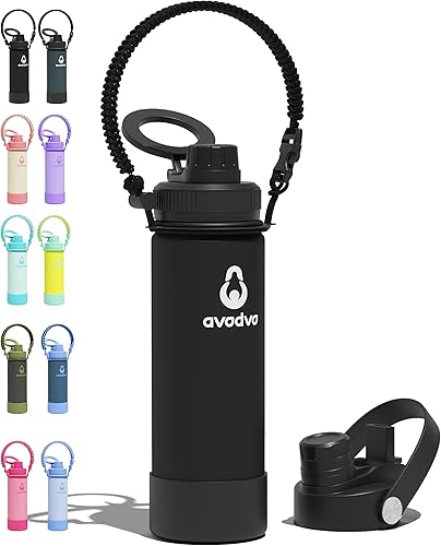 Miniatura 39 de Botella de agua aislada avodvo de 12 onzas con 2 tapas (tapa con popote y boquilla de 2 en 1, tapa magnética), botella de agua para niños con Azul