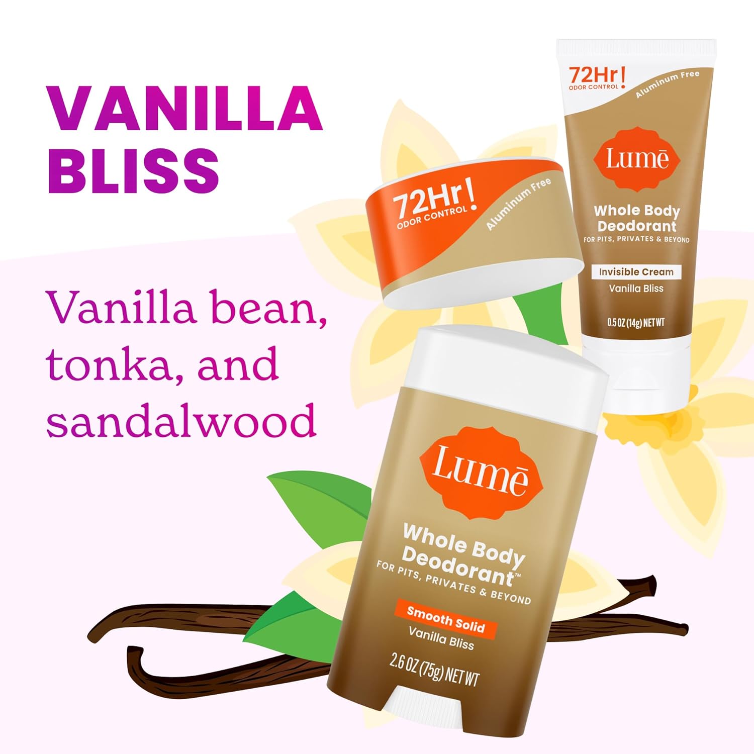 Lume Whole Body Deodorant - Invisible Cream Mini + Solid Stick Bundle - 72 Hour Odor Control - Aluminum & Baking Soda Free, Skin Loving - 0.5 Oz Mini Tube + 2.6 Oz Solid Stick (Vanilla Bliss)