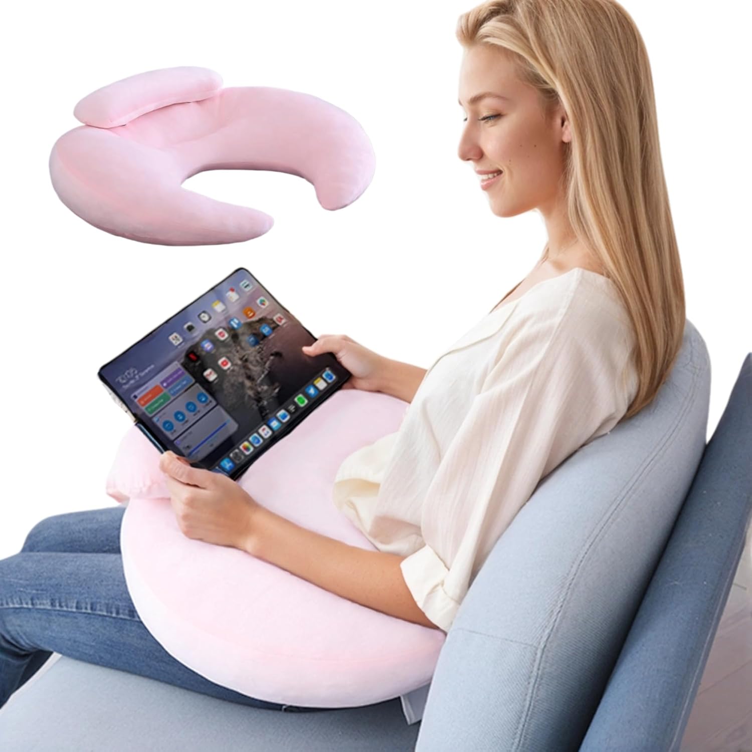 Lap Reading Gaming Crochet Pillow Arm Rest with Support for Book Pad（Pink）