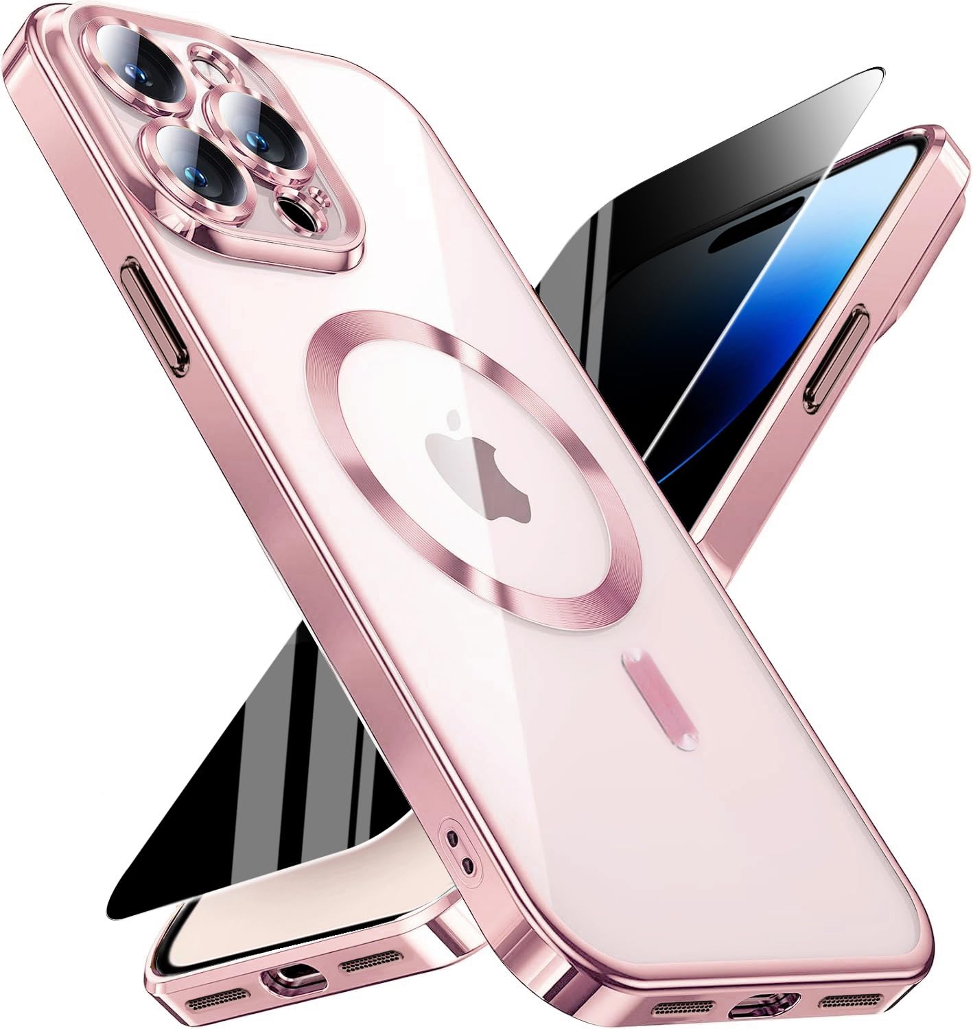 Magnetic for iPhone 14 Pro Max Case with Privacy Screen Protector &amp; Full Camera Cover,[Non-Yellowing] Plating Glossy Soft Shockproof Clear Phone Case with MagSafe Women Girls for 14 ProMax,Pink