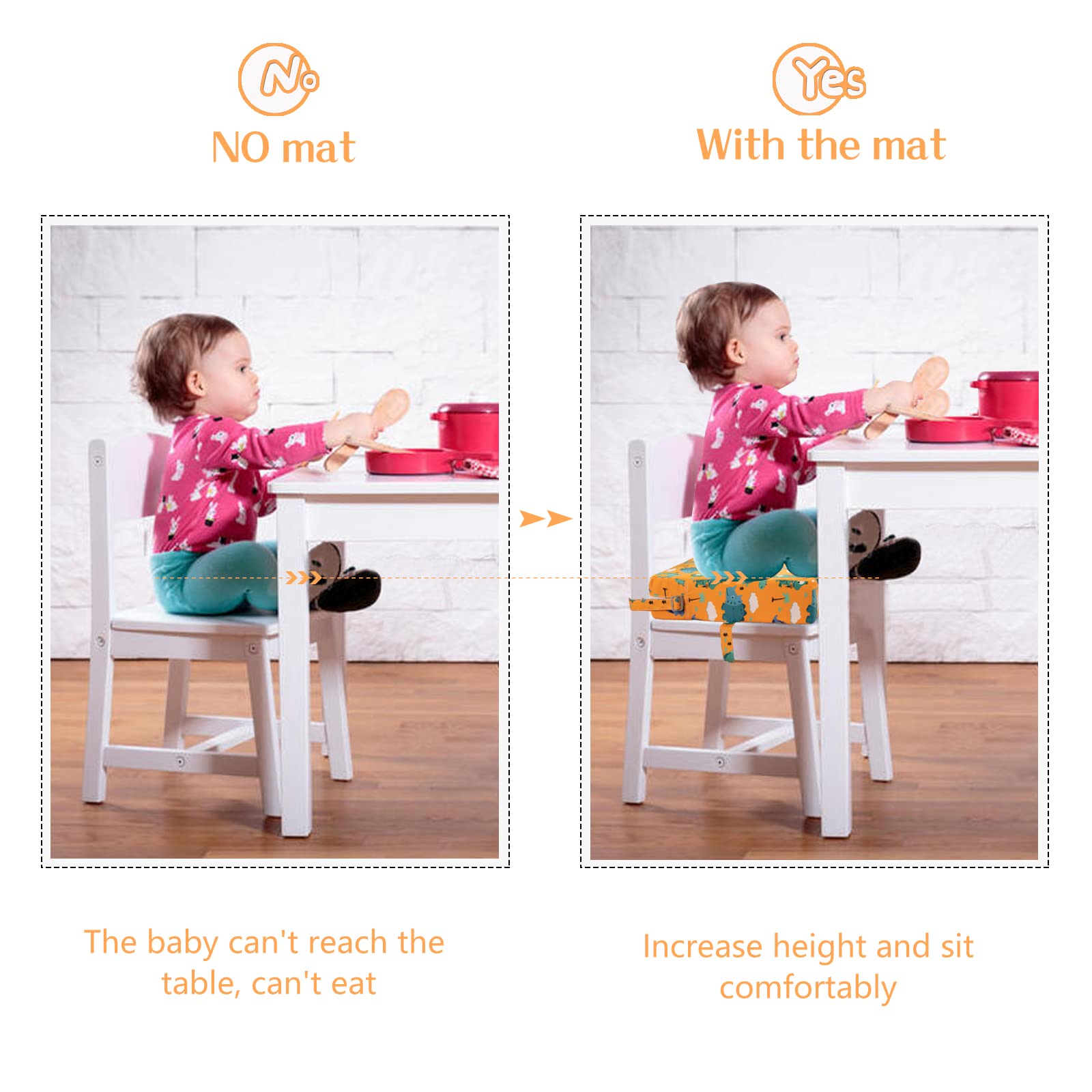 Rehausseur Chaise-Enfant,Support Plus Solide Base Antidérapante Double Sangles Sécurisées Pour Salle à Manger Pour Enfant Coussin de Voyage Portable (Orange)