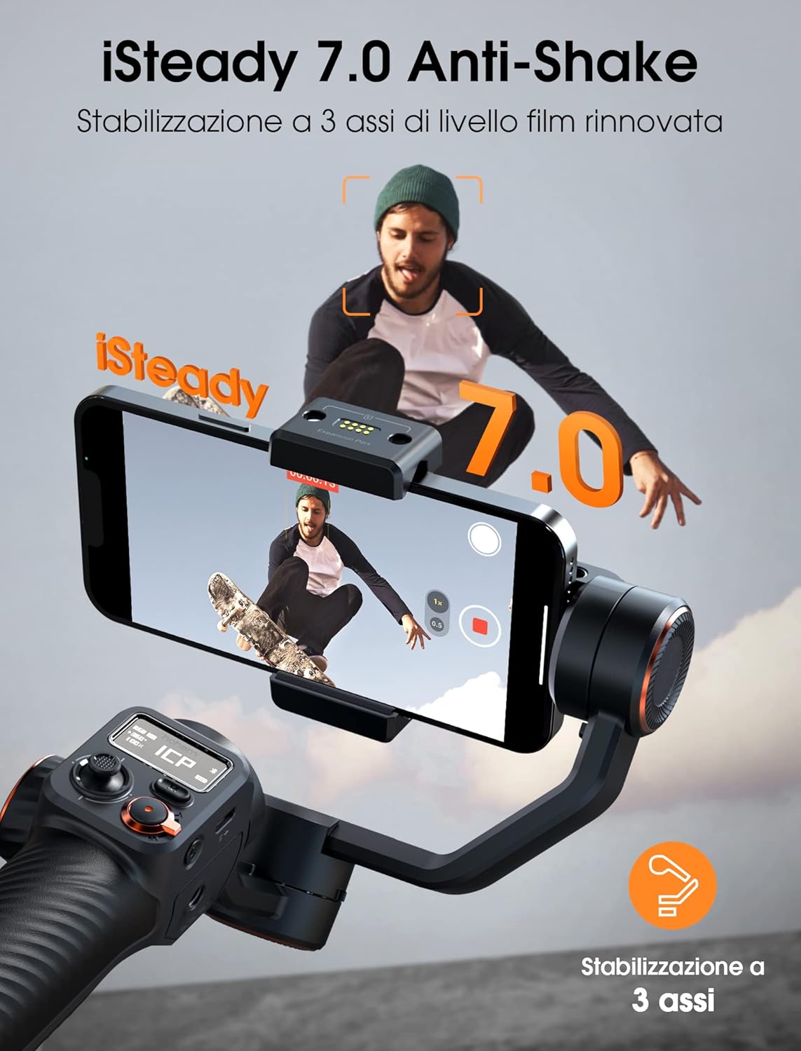 Image showing the hohem iSteady M6 gimbal's 335-degree tilt and pan rotation, and 360-degree infinite rotation.