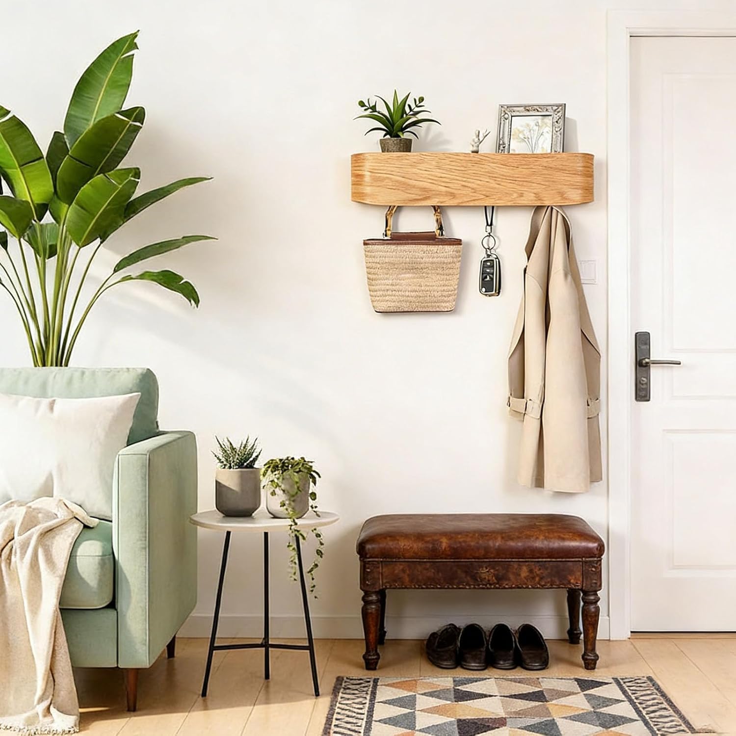 Wooden Coat Rack Wall Mount,Wall Shelf with Hooks,Wall Coat Rack, Key Hanger,Quipped with 5 Hidden Hooks, Entryway Key Holder, Suitable for Living Room and Bedroom