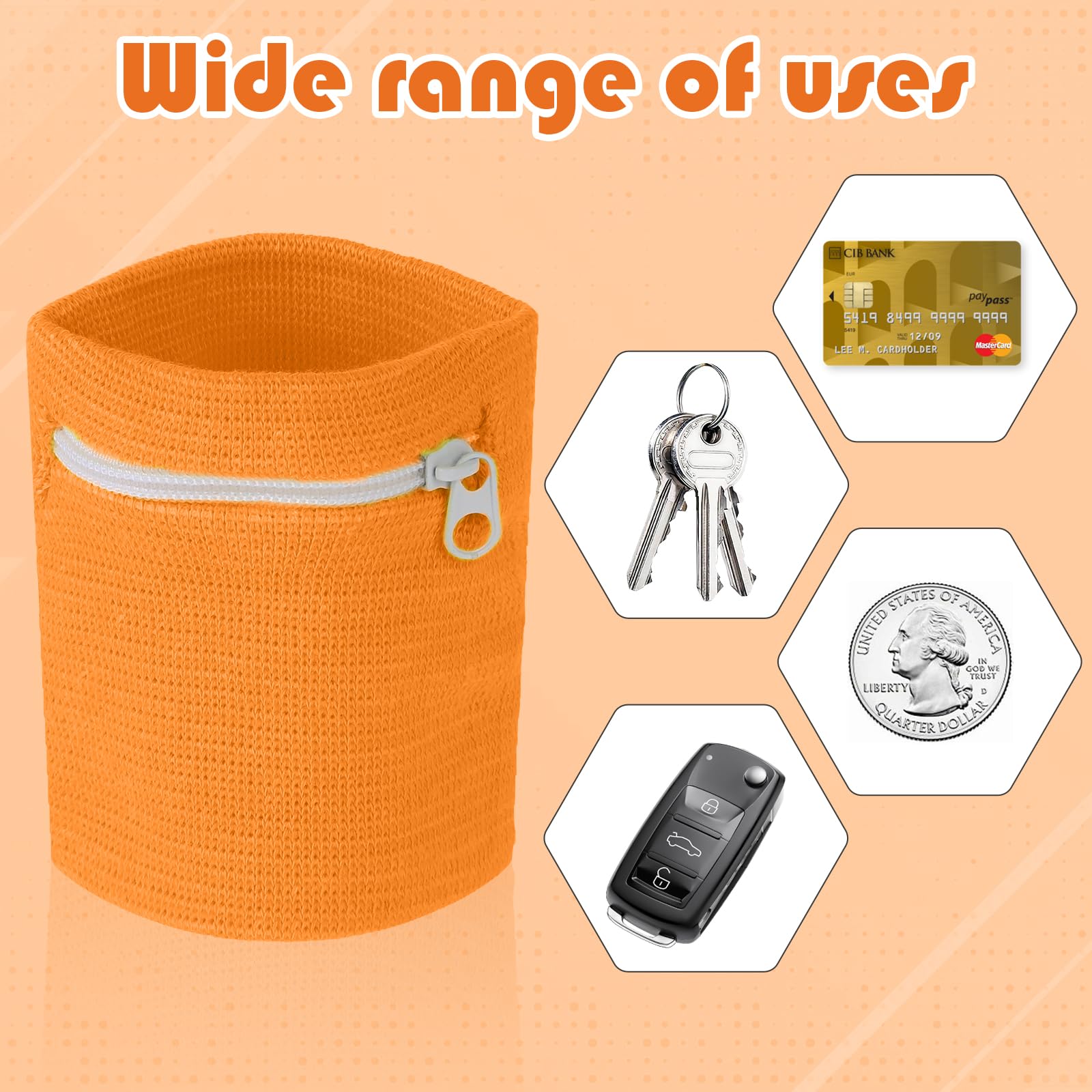 4 Pack Sweatbands With Zipper - Wrist Pouch Wallet For