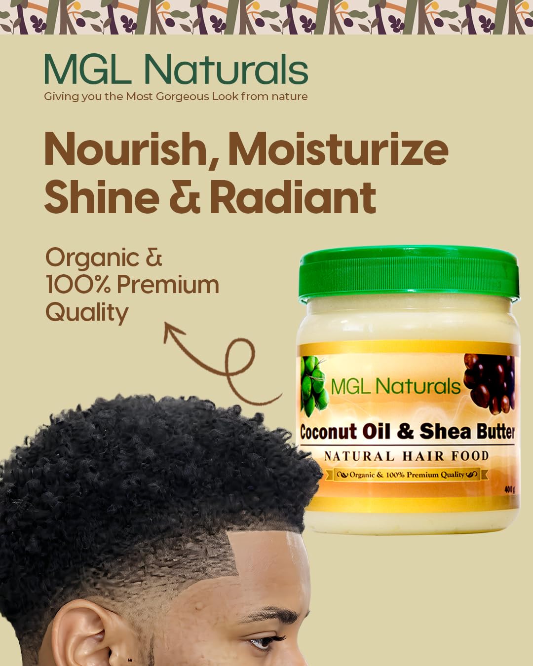 MGL Naturals Coconut Oil and Shea Butter Natural Hair Food made with organic ingredients. Nourish and moisturize hair.